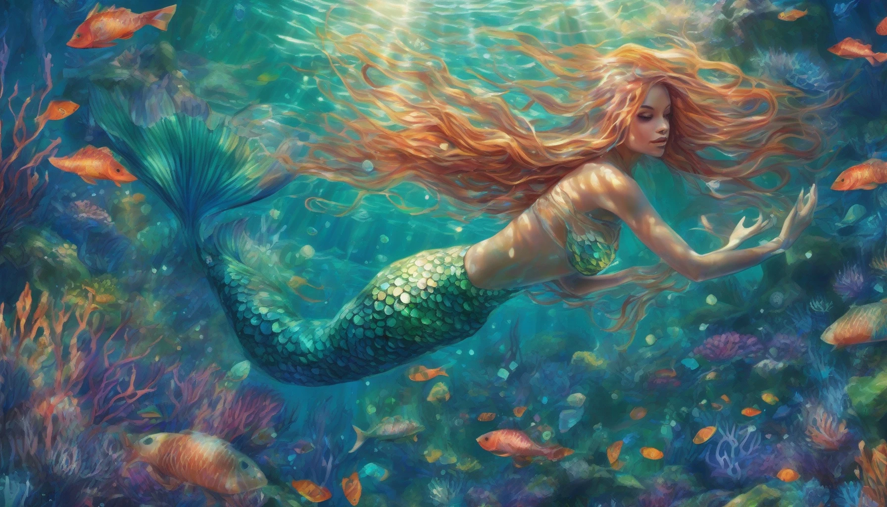 Dive into an enchanting underwater realm where a mesmerizing mermaid dances gracefully among iridescent coral reefs. With her flowing, vibrant hair cascading like a waterfall, she is adorned in scales that shimmer like gemstones, reflecting hues of emerald and sapphire. Sunlight filters through the waves, casting a magical glow, as she interacts with playful sea creatures in this serene aquatic paradise.