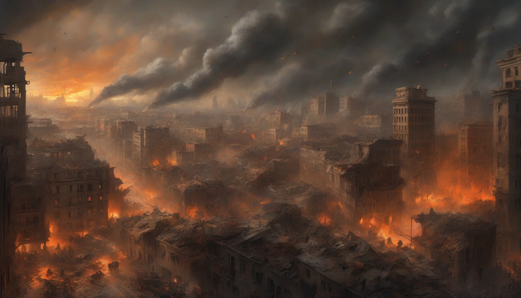 Picture a sprawling cityscape, its skyline jagged with destruction, as smoke billows from crumbling buildings. Heavy artillery fires in the distance, illuminating the dark clouds with bursts of fiery orange. Streets are littered with debris, while shadows of fleeing civilians reflect the chaos. The atmosphere is charged with tension, where the remnants of civilization struggle against the overwhelming force of war, evoking a haunting sense of despair and resilience.