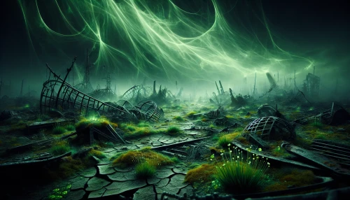 Envision a desolate landscape marked by cracked, parched earth and remnants of a forgotten civilization. Wisps of glowing green fog curl through the air, illuminating the twisted metal and crumbling structures that dot the terrain. The eerie, luminescent haze casts an otherworldly glow, enhancing the haunting beauty of radiation-affected nature, where mutated flora thrives amidst the chaos, creating a surreal juxtaposition of life and decay.