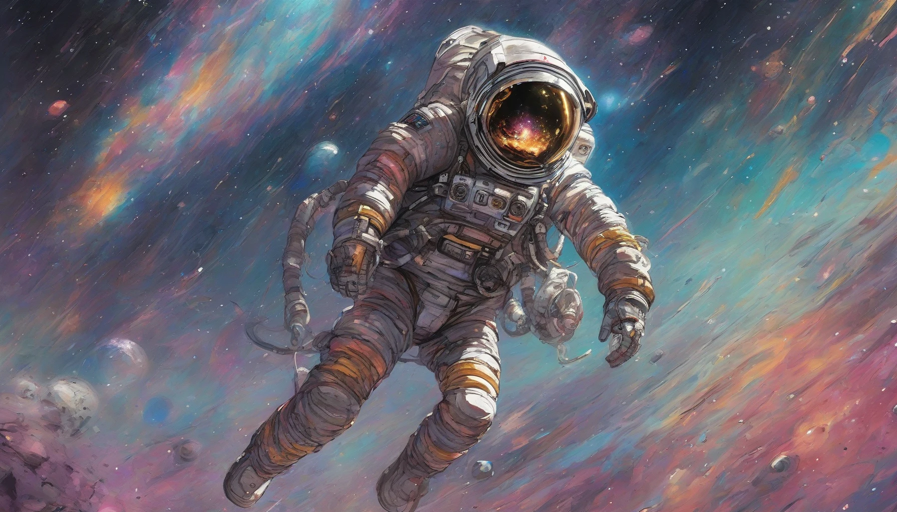 In the midst of a cosmic nebula, a lone space explorer drifts, encapsulated in a tattered, damaged spacesuit that tells tales of past adventures. The suit's metallic surface is pockmarked and scratched, illuminated by distant starlight reflecting off the vibrant gases swirling around. With one visor cracked, the explorer gazes into the abyss, a mix of determination and vulnerability etched on their face, embodying the resilient spirit of human exploration.