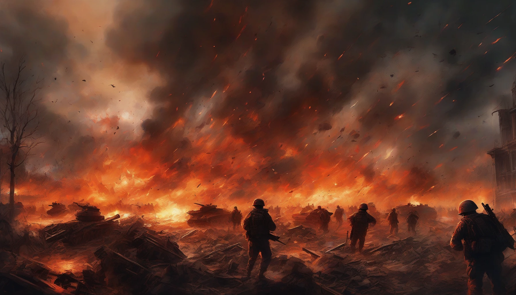 A colossal explosion illuminates a war-torn battlefield, casting fiery shades of orange and red across the scene. Dark smoke billows upwards, mingling with the bright flashes of light as soldiers stand frozen in awe and terror. The shockwave ripples through the air, sending debris flying while silhouettes of broken tanks and scattered weapons create a haunting reminder of chaos and destruction, encapsulating the intensity of conflict.