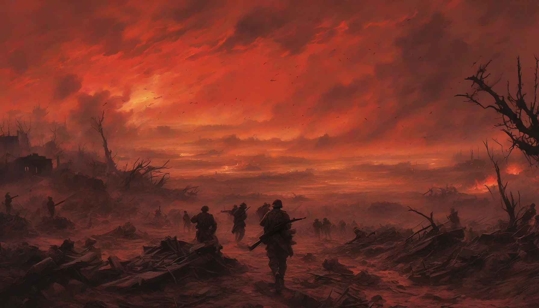 Imagine a war-torn landscape ravaged by conflict, where the ground is scarred and littered with remnants of battle. A vibrant red sky looms overhead, casting an eerie glow on the scene below. Silhouettes of weary soldiers brave the chaos, their figures stark against the burning horizon. Smoke rises in the distance, while shattered weapons and armor lie abandoned, telling tales of a fierce struggle for survival in a world engulfed in turmoil.