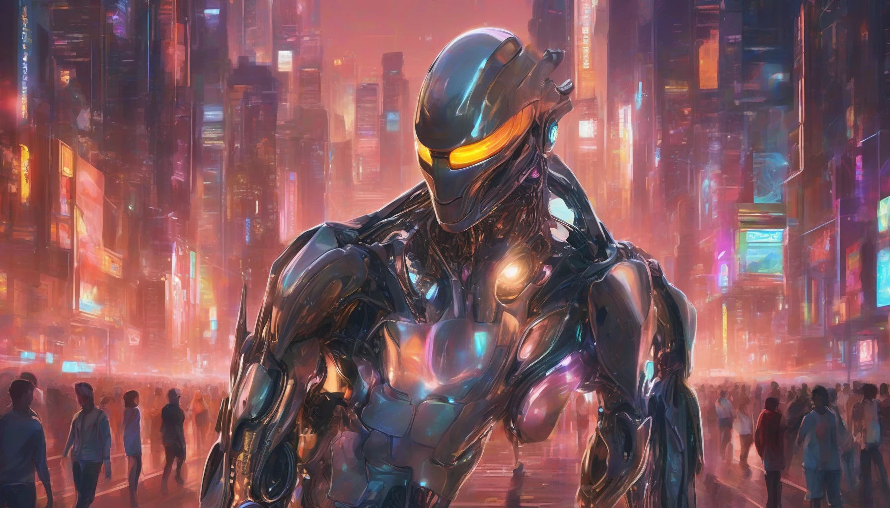 Imagine a striking android that merges sleek metallic features with warm, human-like characteristics. Its eyes glow softly, reflecting a depth of emotion, while its subtle facial expressions reveal a range of feelings. Set in a futuristic cityscape at dusk, neon lights illuminate the scene, casting an ethereal glow. This android stands confidently amidst the bustling crowd, embodying the perfect fusion of technology and humanity.