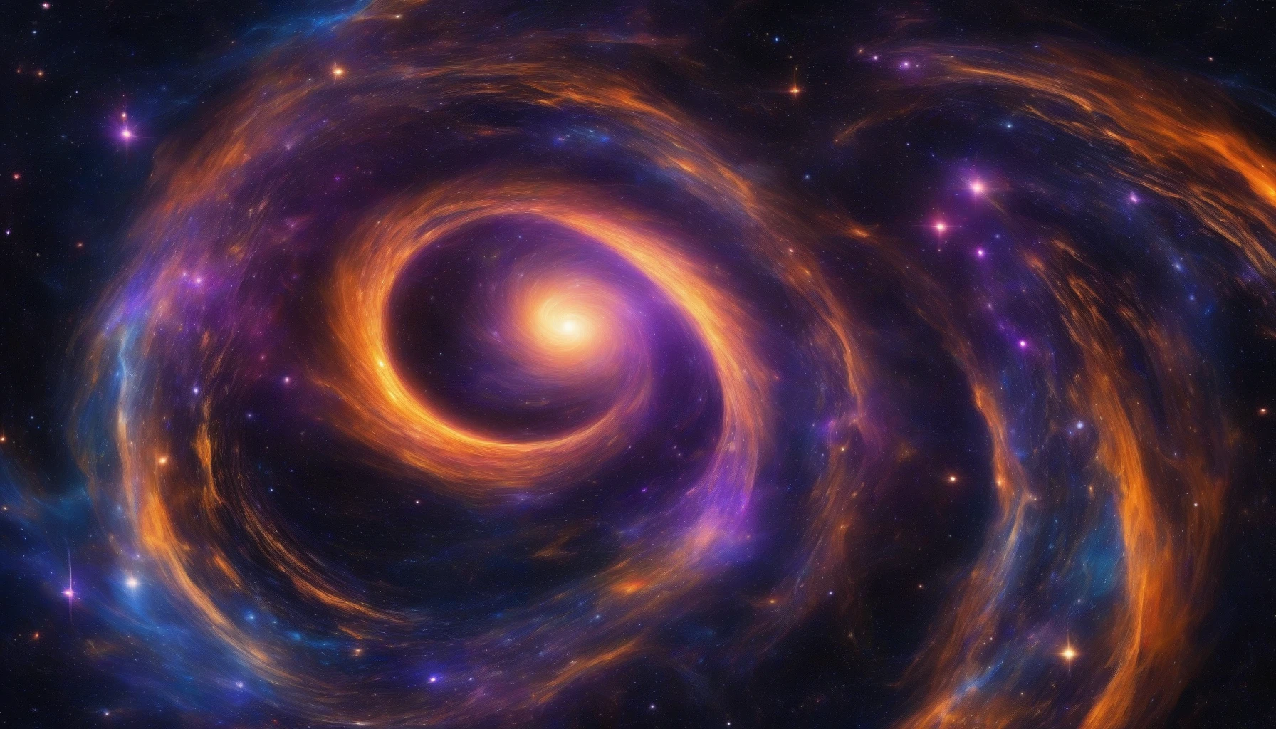 A breathtaking visualization of a black hole bending the fabric of space, surrounded by vibrant swirling galaxies and shimmering stars. This cosmic phenomenon creates a surreal landscape where light is warped and time seems to stand still. Shades of deep purples and blues intertwine with fiery oranges, producing an awe-inspiring spectacle that captures the mysterious beauty of the universe.