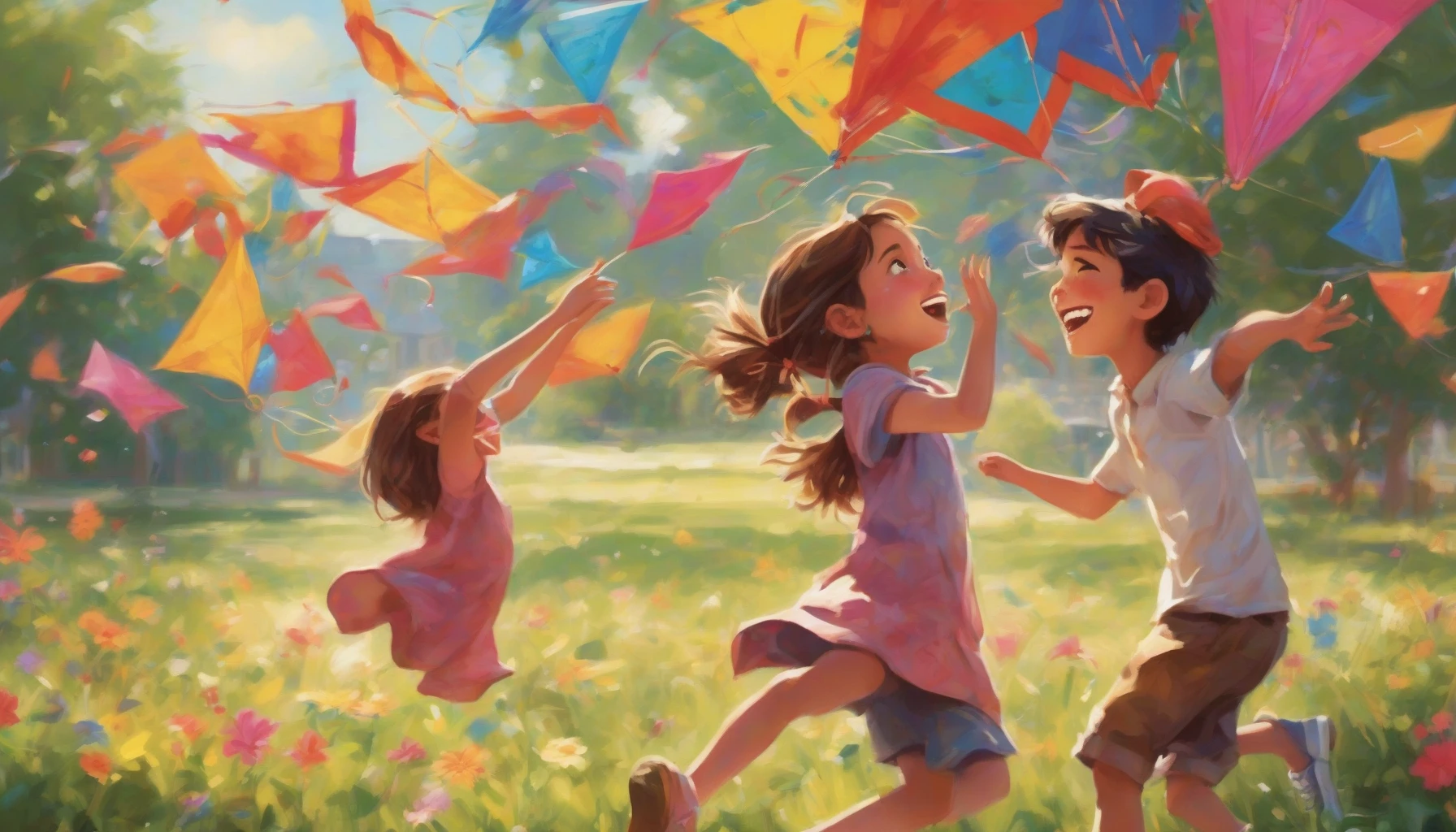 Capture an enchanting scene where two childhood friends, a boy and a girl, engage in a spirited game of teasing at a sunlit park. The girl, with a mischievous grin, playfully tugs at the boy’s cap while he feigns surprise, both surrounded by colorful kites dancing in the breeze. Their laughter echoes through the air, framed by blooming flowers, evoking the carefree joy of youthful innocence and friendship.