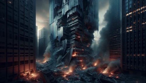 In a haunting urban landscape, a colossal skyscraper lies in ruins, its steel and glass crumpled like paper beneath the force of an airstrike. Smoke swirls around the rubble, mingling with the flickering orange glow of fires that still burn in the debris. A somber silence envelops the scene, punctuated by distant sirens and the faint echo of chaos, reminding all of the tragedy that unfolded here.