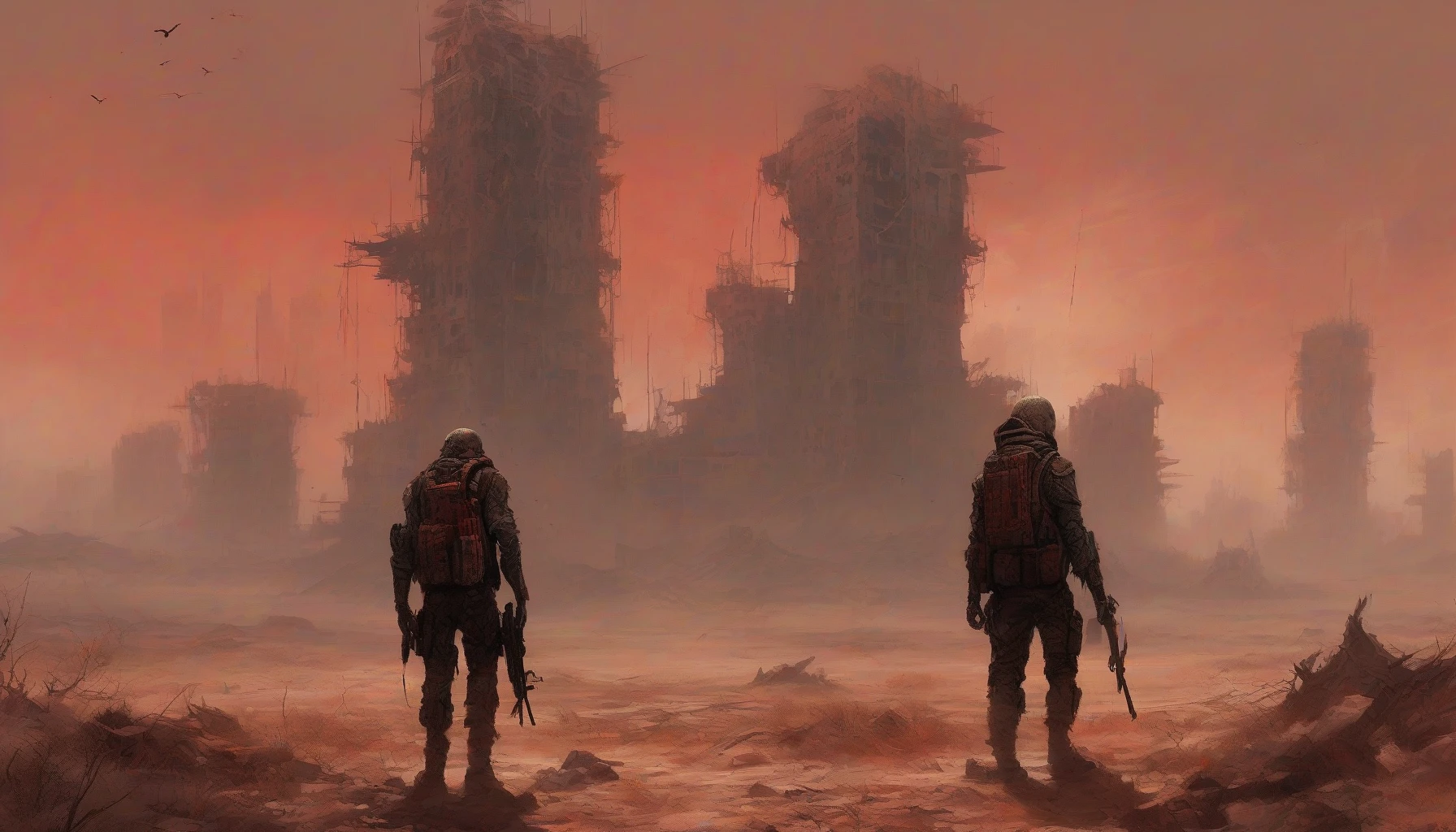 In a desolate world where crumbling skyscrapers touch a blood-red sky, a lone survivor navigates the harsh, barren landscape. Clad in tattered, makeshift armor, they carry a rusted weapon, casting wary glances at the remnants of civilization. Swirling dust storms reveal shadows of forgotten vehicles and skeletal trees, while in the distance, a flickering fire hints at human presence. The air hums with tension, survival is their only mantra.