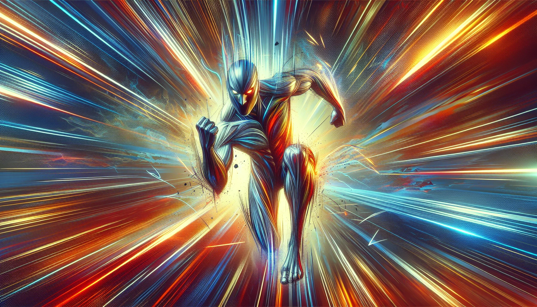 Create a visually striking image that captures a high-octane action scene infused with dynamic speed lines. The central character should be in mid-motion, showcasing a powerful pose, while vibrant colors blur in the background to emphasize the rapid movement. Incorporate angular lines and explosive effects to convey intensity, ensuring the overall composition evokes a sense of urgency and thrill, immersing the viewer in the action.