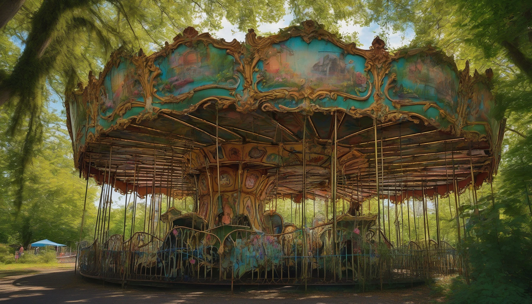 In a once-vibrant amusement park, rusting rides stand silently among a tangle of lush, overgrown vegetation. Moss climbs the faded carousel, while wildflowers burst through cracked pavement, reclaiming the space. Sunlight filters through the dense canopy, casting dappled shadows on the vibrant green that envelops the remnants of joy. A haunting sense of nostalgia lingers in the air, blending nature's resilience with the echoes of laughter long gone.