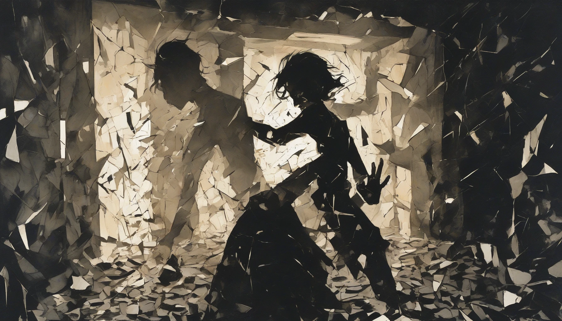 A figure stands in a dimly lit room, their face contorted in an angry outburst, illuminated by harsh, dramatic lighting that casts deep shadows across the walls. The bold contrasts highlight the tension in their clenched fists and furrowed brow, while the flickering light creates an eerie atmosphere. Fragments of shattered glass glint in the beams, symbolizing the chaos of their emotions and the turmoil within.