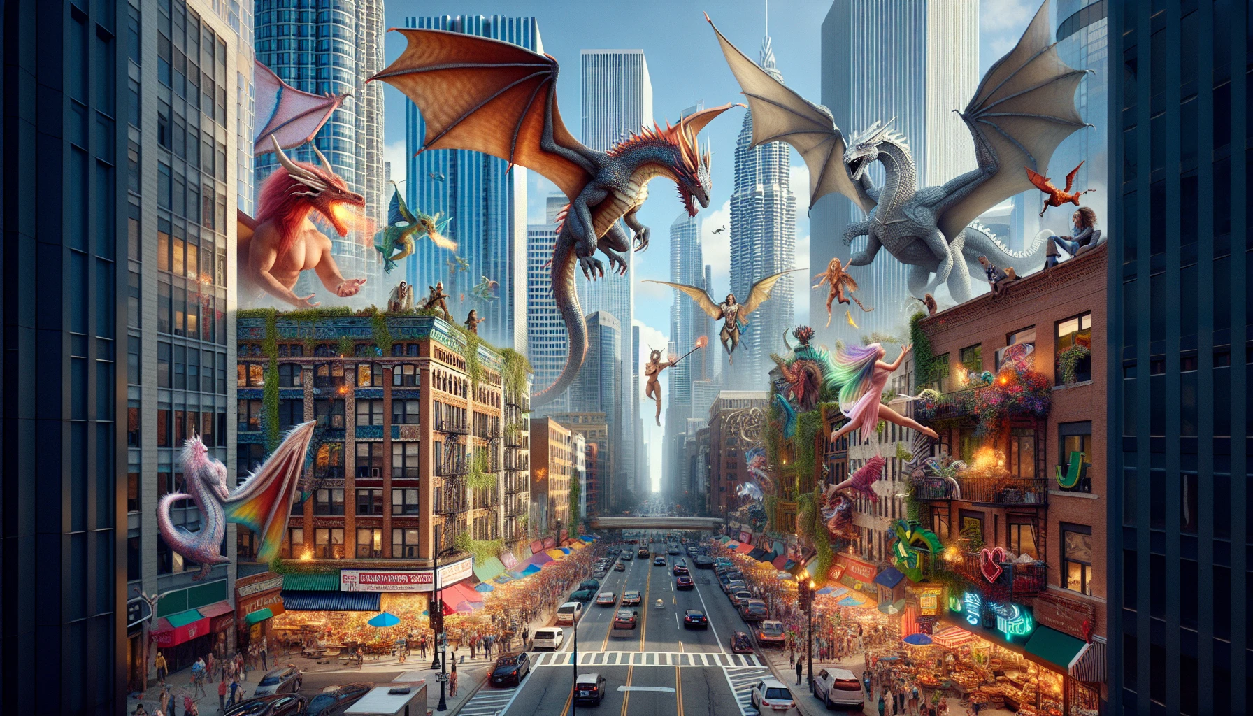 In a bustling cityscape, majestic dragons soar above sleek skyscrapers, their scales shimmering in the sunlight. Elven baristas serve lattes, while centaurs navigate traffic on bustling streets. Fairies flutter around vibrant street markets, sprinkling magic on local produce. The vibrant colors of this surreal scene contrast with the gray concrete, celebrating a world where myth and reality intertwine, creating a harmonious coexistence of humans and fantastical beings.