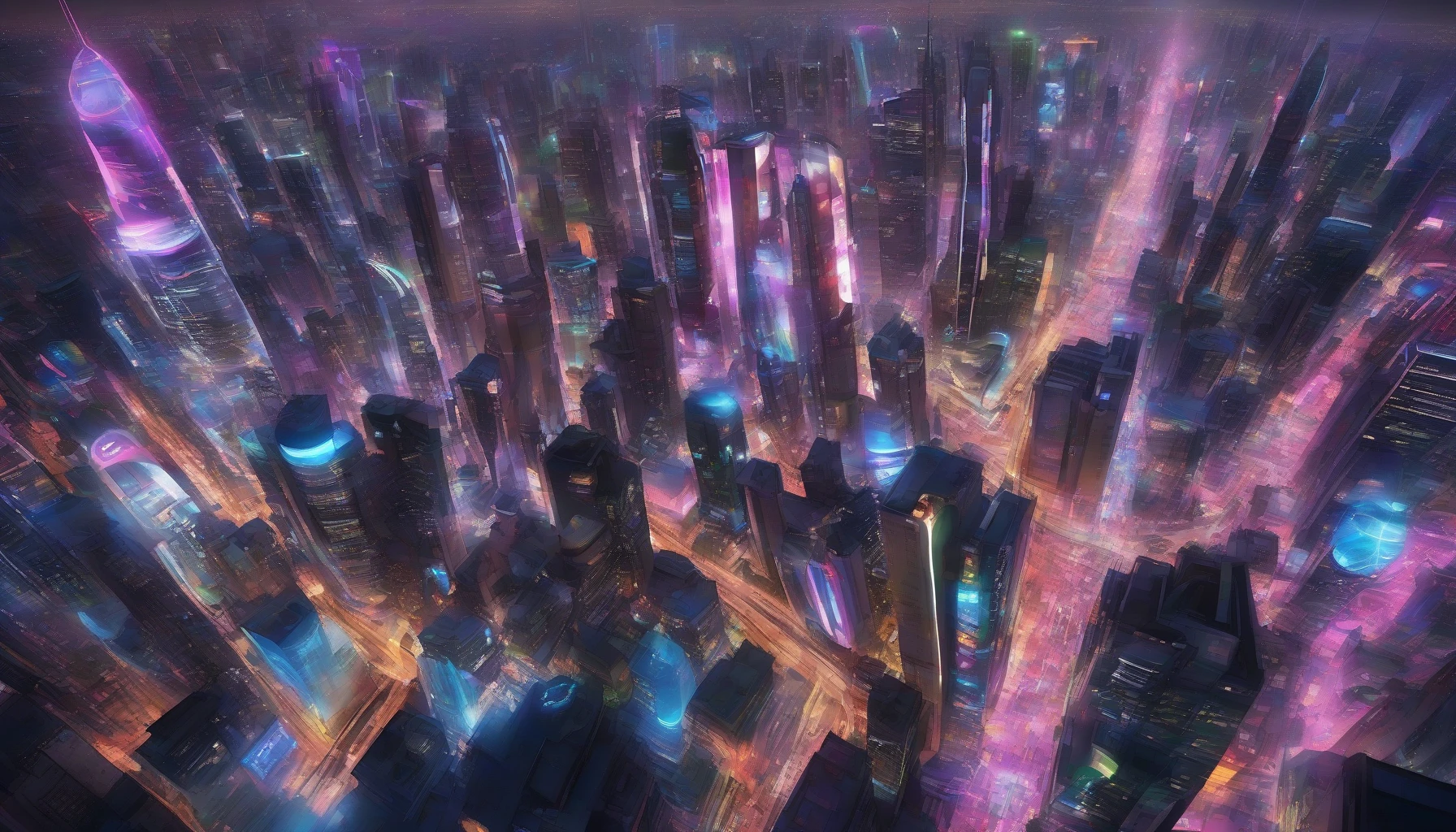 Imagine a sprawling city skyline at night, where towering skyscrapers are adorned with vibrant, animated holographic advertisements. Each building pulses with neon colors, casting a mesmerizing glow over bustling streets below. Flying cars zip by, while pedestrians gaze upward, captivated by the digital spectacles that dance across glass surfaces. The air is alive with energy, as technology and urban life intertwine in a dazzling show of innovation.