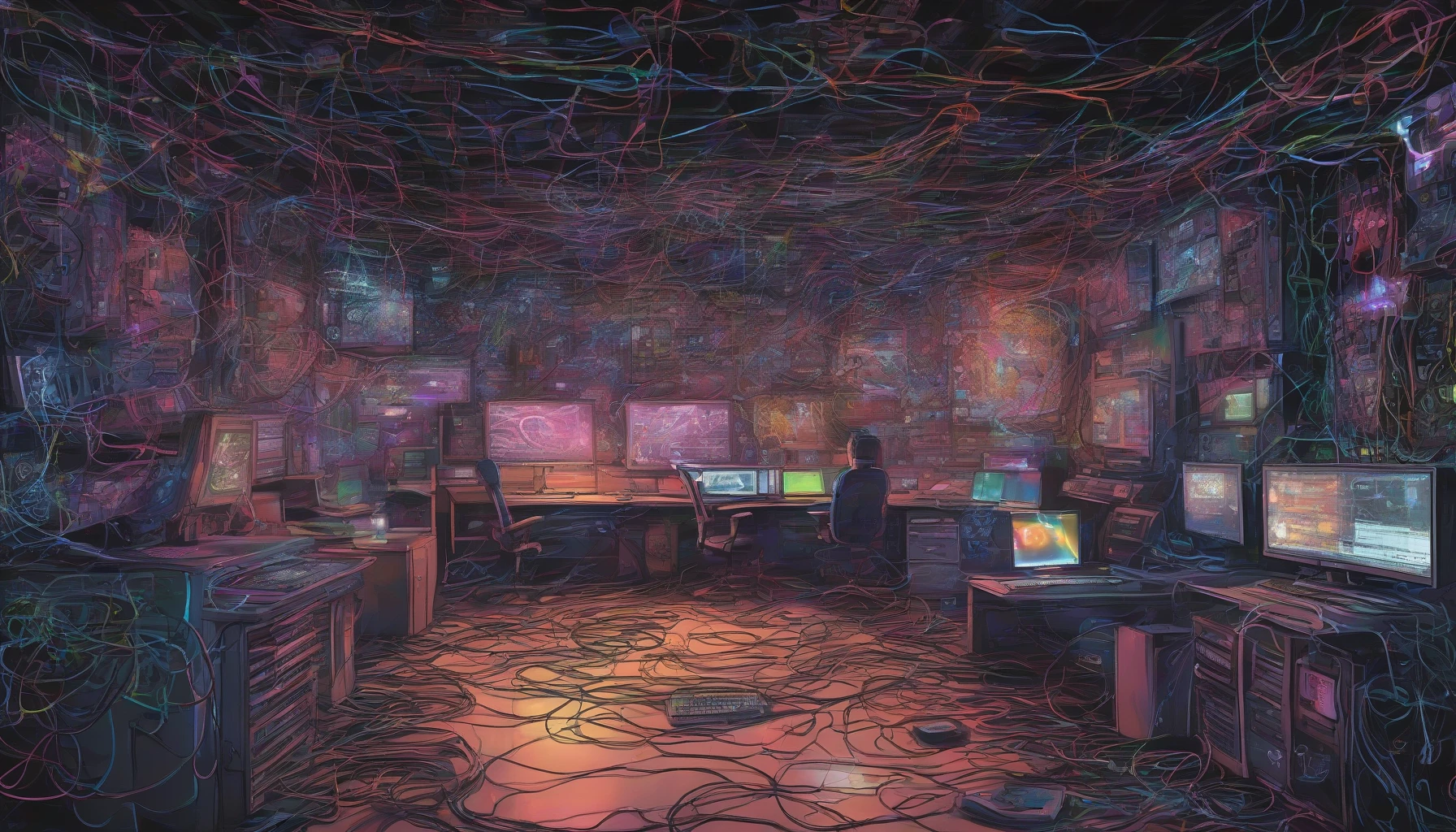 In a dimly lit underground lair, an array of flickering monitors casts an eerie glow on the cluttered workspace. Cables snake across the floor, intertwining like a digital web. The air hums with the whir of servers, while holographic displays project cascading code. Graffiti art with cryptic symbols covers the walls, encapsulating the essence of rebellion and secrecy, where hackers orchestrate their virtual escapades in the heart of the city.