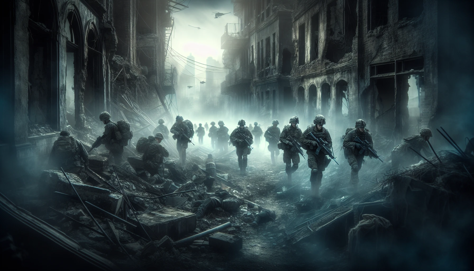 A haunting scene unfolds as soldiers, clad in tattered uniforms and battle gear, advance cautiously through a desolate street, strewn with debris and remnants of a once-vibrant city. Ghostly wisps of fog curl around crumbling buildings, while shadows loom ominously, hinting at past conflicts. The distant echo of battle reverberates, and the soldiers' determined faces reflect the weight of their mission, embodying resilience amid devastation.