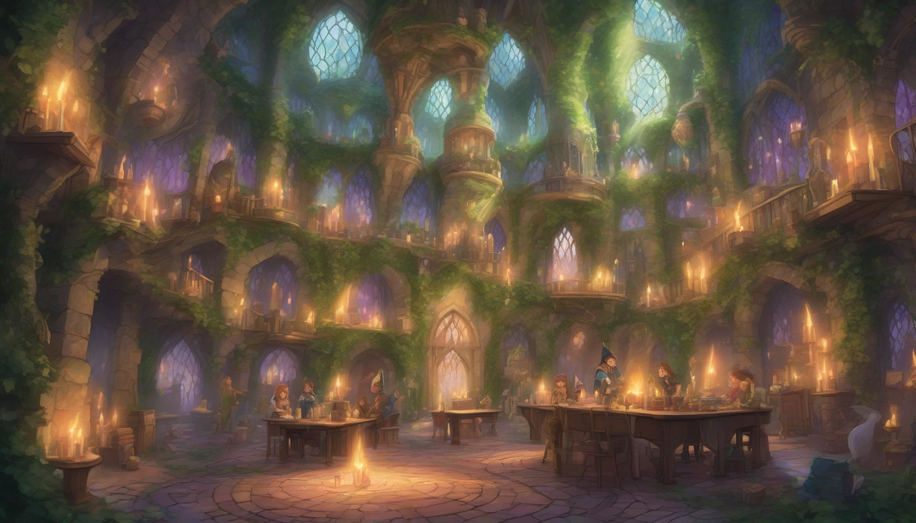 Inside a grand, ivy-clad castle, young wizards gather around shimmering crystal orbs in a spacious, light-filled classroom. Vibrant tapestries depicting legendary spells adorn the stone walls, while floating candles cast a warm glow. Outside, a lush magical forest teems with fantastical creatures, and the air is thick with the scent of potions brewing nearby. Laughter and incantations echo, as students eagerly practice their craft.