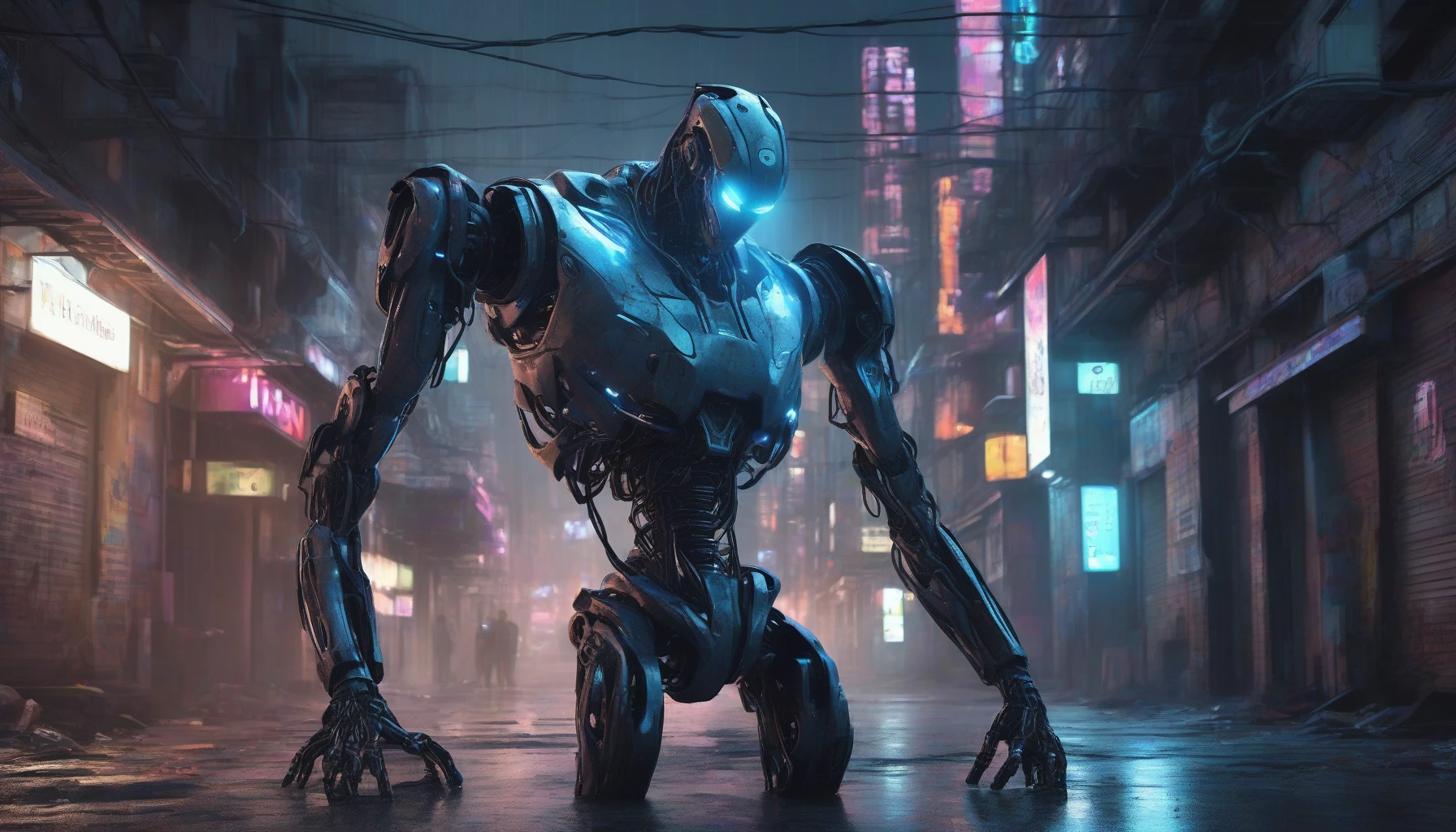 A sleek, sinister humanoid robot stands in a shadowy urban alley, its metallic skin reflecting the neon lights above. Delicate yet menacing features hint at advanced intelligence, with glowing eyes that pulse with a soft blue light. Surrounding it, the remnants of a dystopian world lay scattered—broken tech and abandoned cars—while tendrils of digital code swirl around, suggesting an ever-watchful consciousness ready to disrupt humanity.