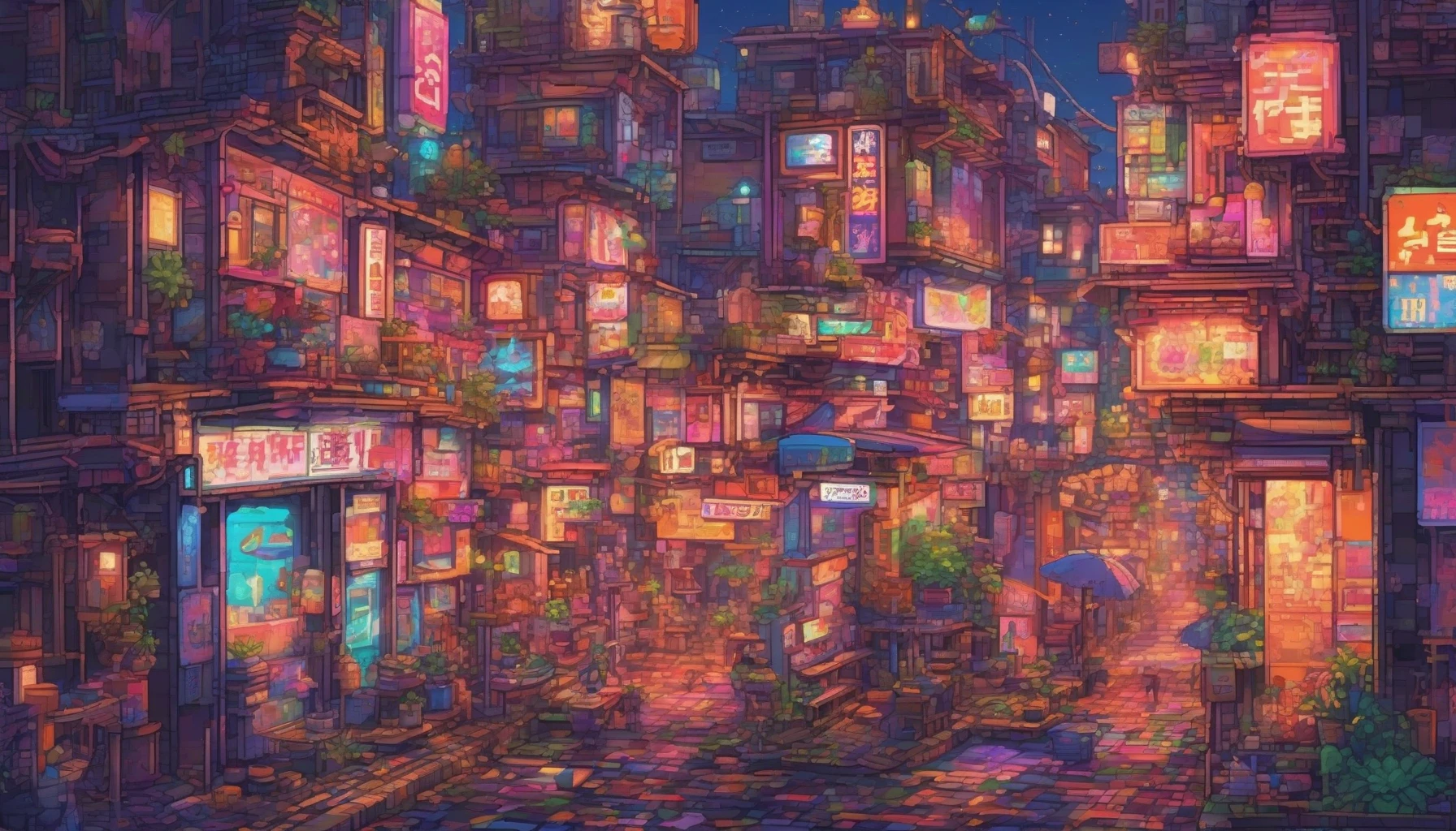 Dive into a vibrant world where retro pixel art meets anime charm. Picture a bustling cityscape, alive with characters adorned in colorful outfits, each pixel brimming with nostalgia. Neon signs flicker to life as a sunset casts a warm glow over the scene, inviting viewers to wander through alleyways filled with whimsical shops. The air buzzes with energy, drawing you into this enchanting, pixelated universe.