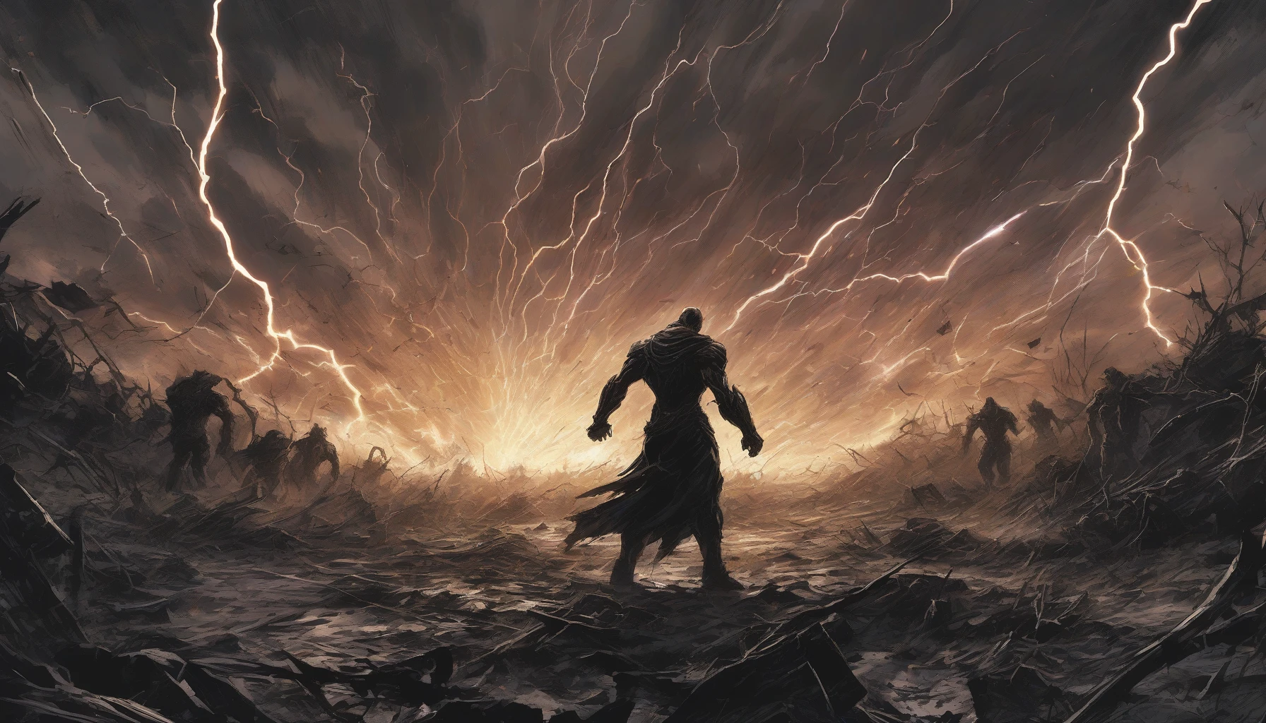 A dark, brooding figure stands at the center of a chaotic battlefield, arms raised as they summon a colossal shockwave that ripples outward. The air crackles with energy, distorting the landscape and sending debris flying. Lightning arcs from their fingertips, illuminating their sinister smile. In the distance, terrified warriors brace for impact, the ground trembling beneath their feet as the malevolent force grows stronger, ready to unleash devastation.