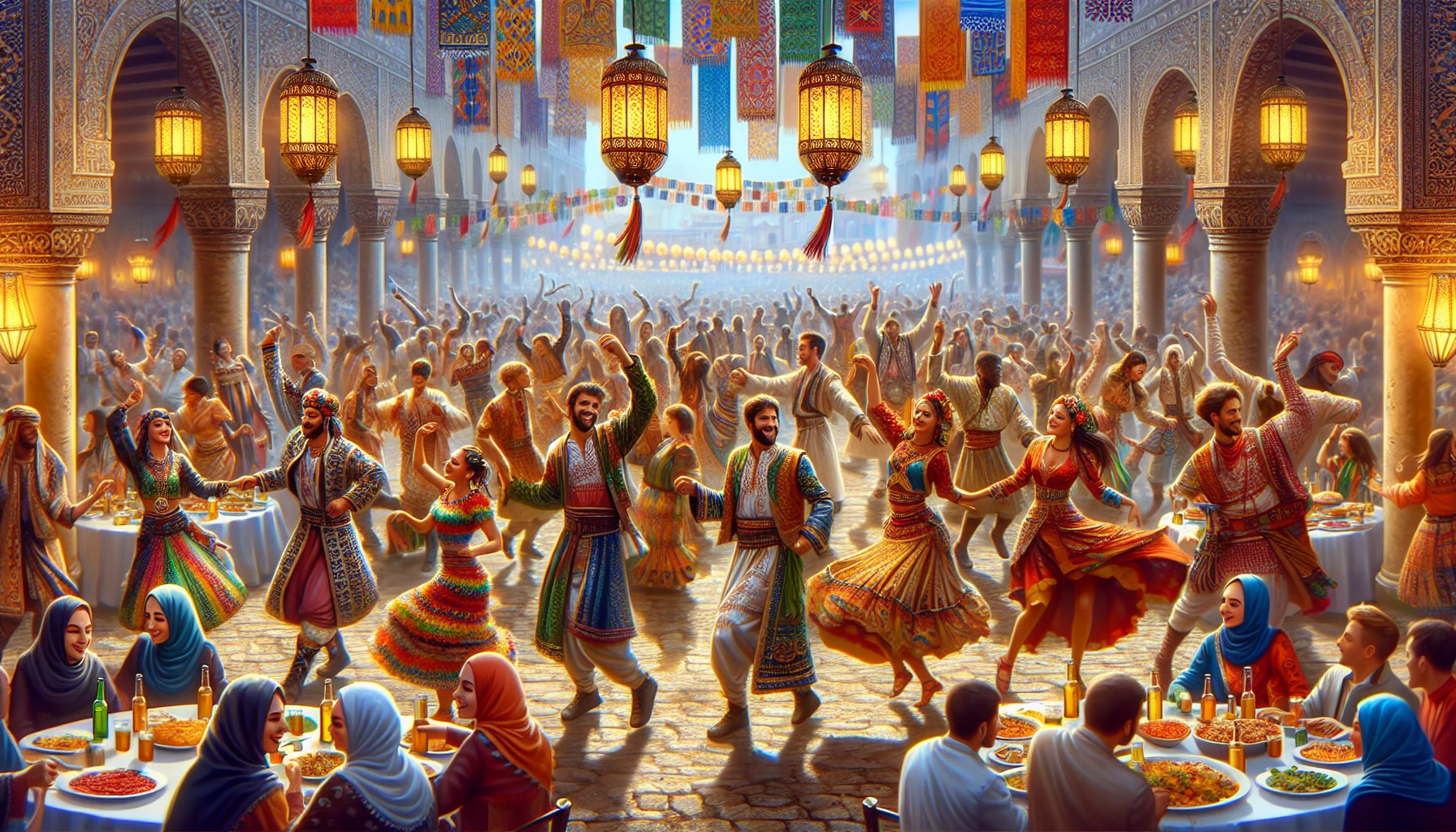 A dazzling scene unfolds at a bustling festival where vibrant hues fill the air. Dancers clad in traditional garb swirl joyfully, their costumes bursting with intricate patterns and rich colors. Tables laden with an array of traditional foods invite onlookers to indulge, while lanterns sway gently overhead, casting a warm glow. A backdrop of historical architecture frames the celebration, immersing visitors in the rich tapestry of cultural rituals and joyous gatherings.