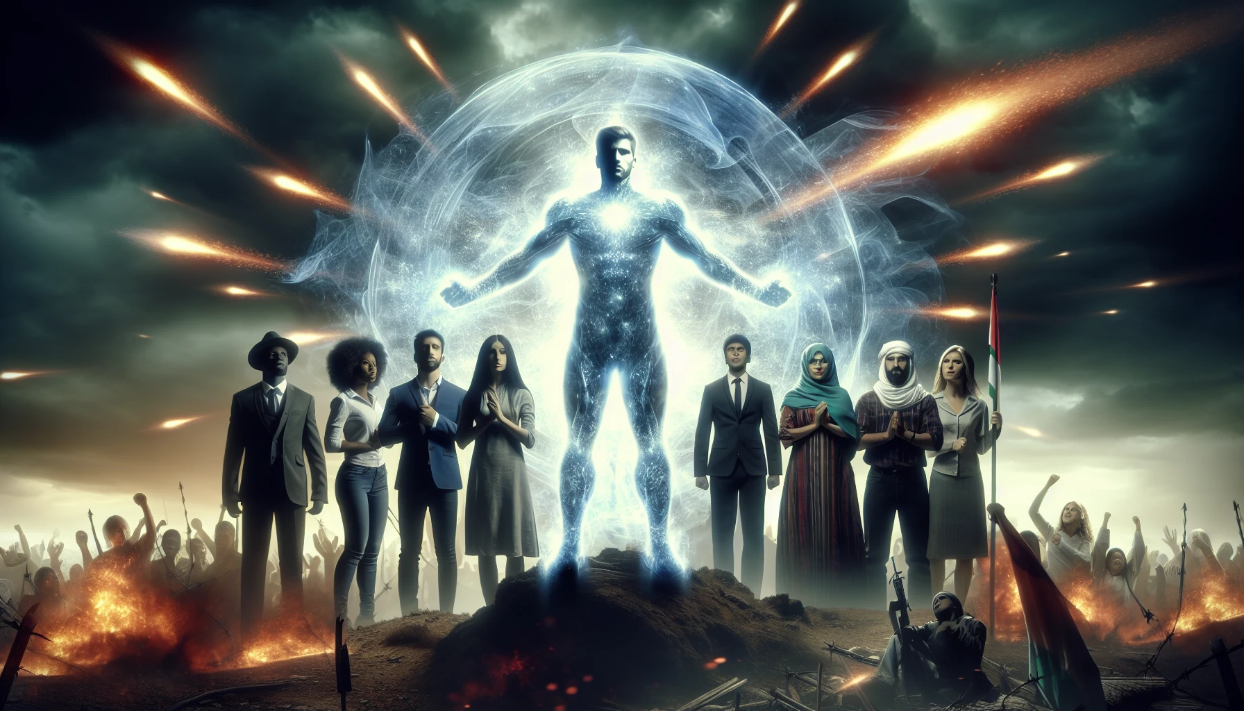 In a dramatic moment, a heroic figure stands at the forefront, arms outstretched, forming an ethereal barrier of light around a group of diverse allies. The background is filled with a swirling storm of ominous shadows and fiery projectiles, emphasizing the intensity of the impending attack. The character’s fierce determination shines through, radiating strength and protection, while their allies look on with gratitude and hope, poised for a counterattack.