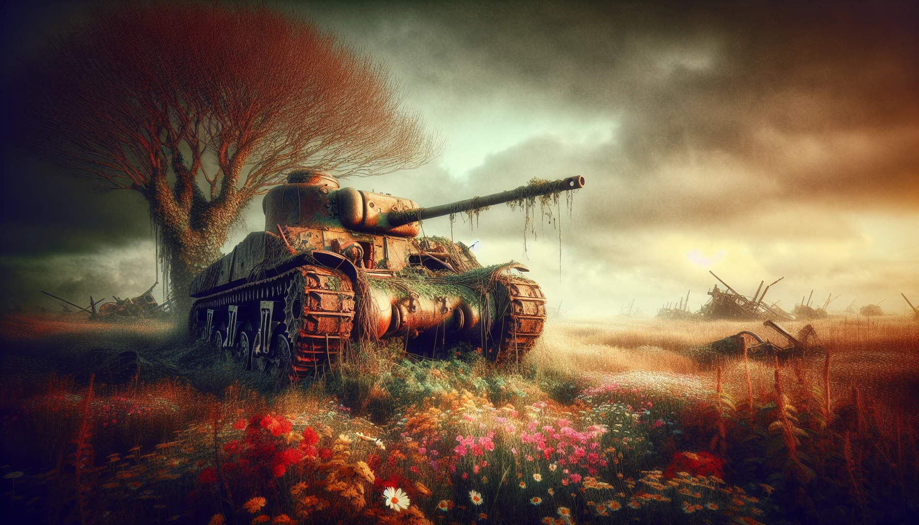 A haunting battlefield lies in eerie silence, overtaken by nature’s relentless grasp. Rusting vehicles, once symbols of power, now stand as silent sentinels amidst twisted vines and wildflowers. Shadows of history linger in the air, and the ground is littered with remnants of conflict. The sky is painted in muted hues, reflecting the somber beauty of a place long abandoned yet steeped in stories waiting to be uncovered.