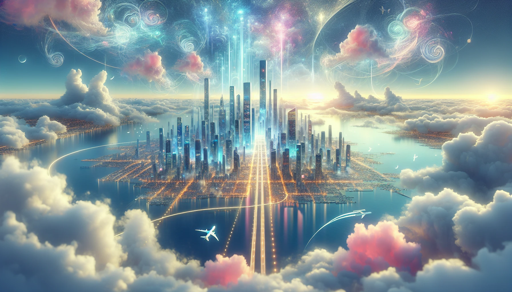 Envision a majestic city suspended among the clouds, its towers shimmering with vibrant colors and ethereal lights. Below, the sea radiates a soft, luminous glow, casting reflections that dance across the sky. Bridges made of light connect the unique structures, while airships glide effortlessly through the pastel-hued atmosphere. Soft wisps of clouds swirl around, creating an enchanting, dreamlike environment that captures the imagination.