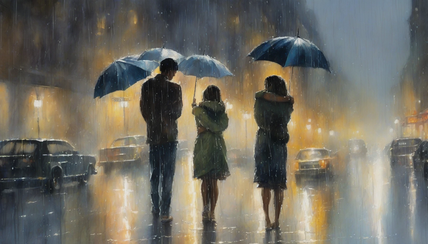 A poignant scene unfolds under a silvery downpour, where two figures, drenched yet ecstatic, rush into each other's arms amidst the cascading raindrops. Their faces, illuminated by the dim streetlights, tell a story of longing and joy as tears blend with rain. The surrounding city blurs into a watercolor backdrop, adding an ethereal touch to this heartfelt moment of reconnection and emotional release.