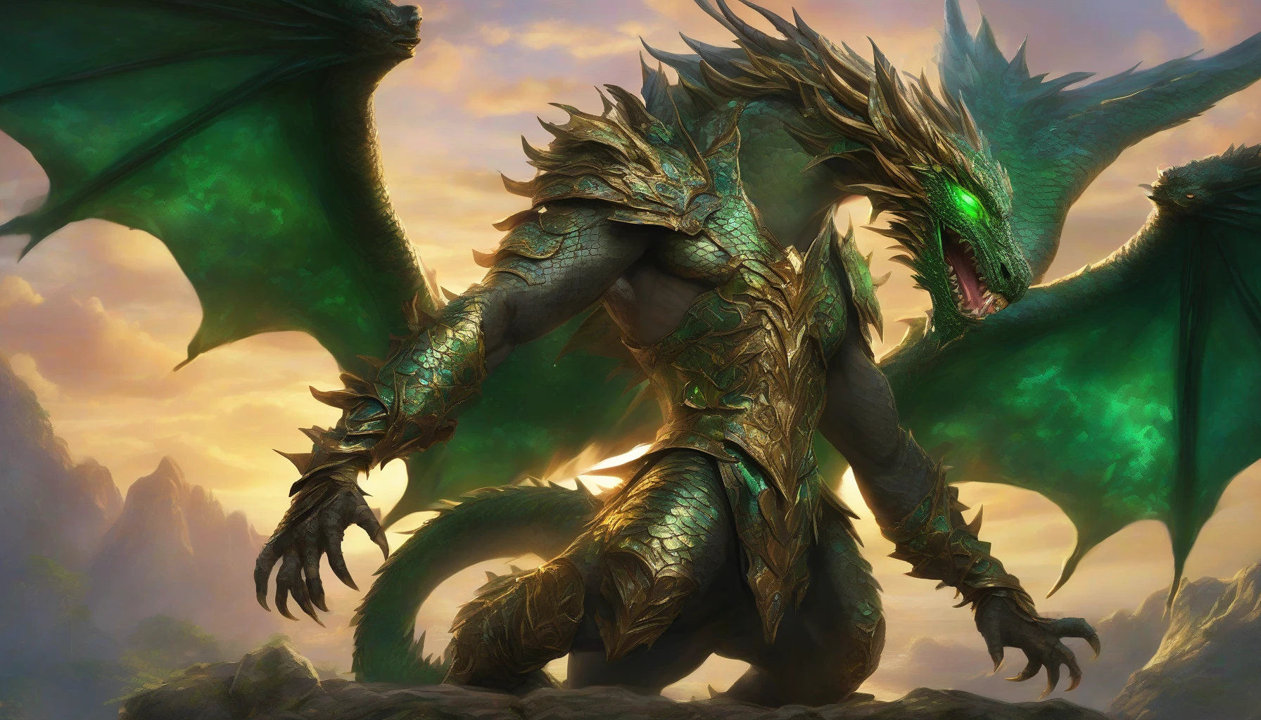 In a vibrant fantasy realm, a beast tamer stands tall, adorned in intricately designed leather armor, exuding strength and confidence. Beside them, a majestic dragon with shimmering emerald scales unfurls its wings, reflecting the light of a golden sunset. The air crackles with magic as the tamer and dragon exchange an unbreakable gaze, embodying the deep bond forged through countless adventures in this enchanting world.