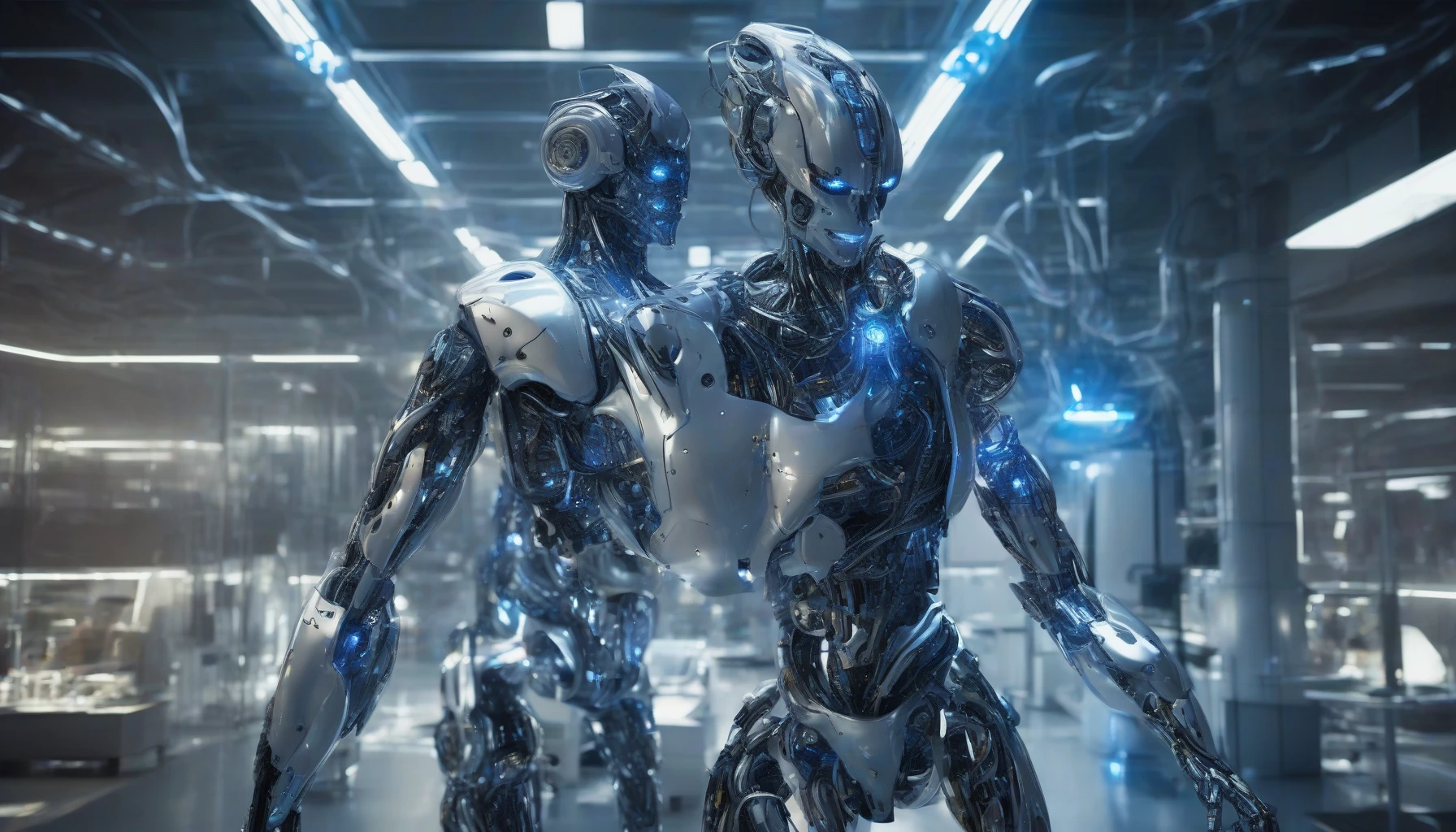 In a dimly lit, futuristic lab, a striking humanoid robot stands at the center, its sleek metallic body adorned with intricate circuitry and pulsating blue lights. Its synthetic skin reflects a mix of human semblance and robotic precision, while its glowing eyes are filled with a mysterious intelligence. The atmosphere is charged with an electric tension, hinting at the potential chaos within this artificial being's mind.