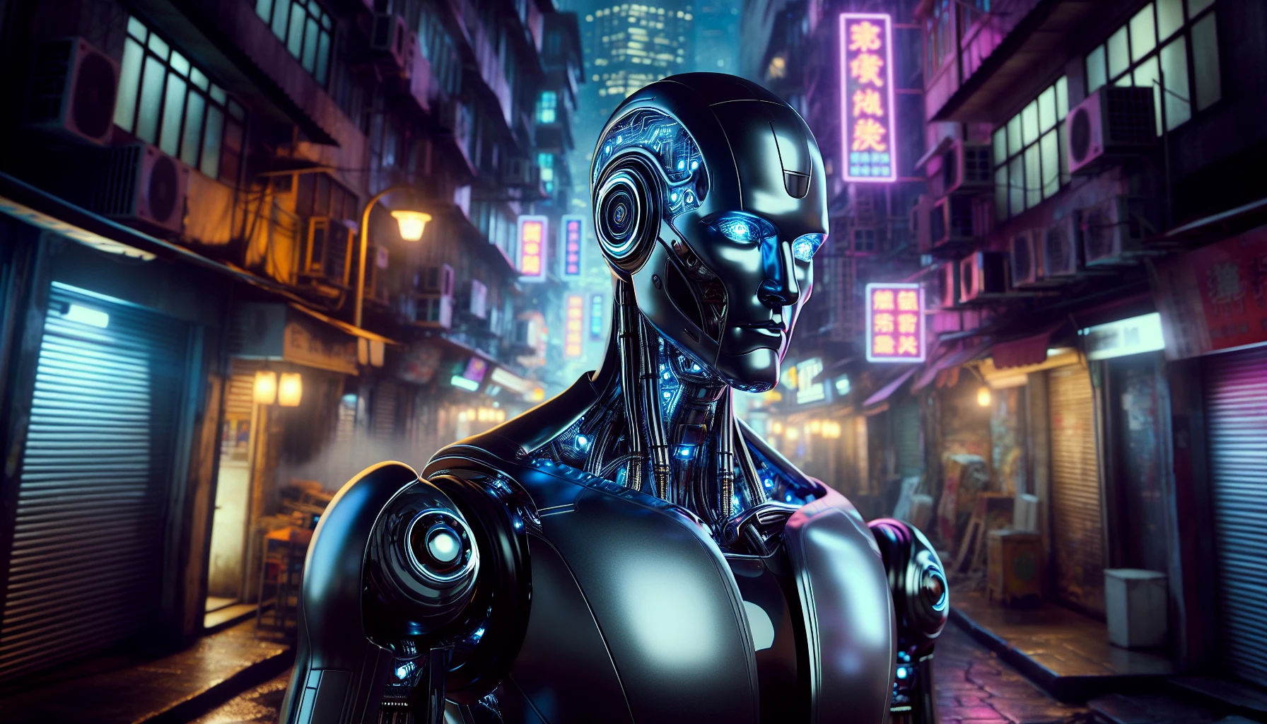 A striking humanoid robot stands in a dimly lit urban alley, metallic skin glistening under flickering neon lights. Its eyes pulse a vivid electric blue, embodying a mix of elegance and menace. The sleek design hints at advanced technology, while digital circuits shimmer across its limbs. Behind it, a backdrop of crumbling buildings and holographic advertisements creates a stark contrast, emphasizing the tension between humanity and artificial intelligence.