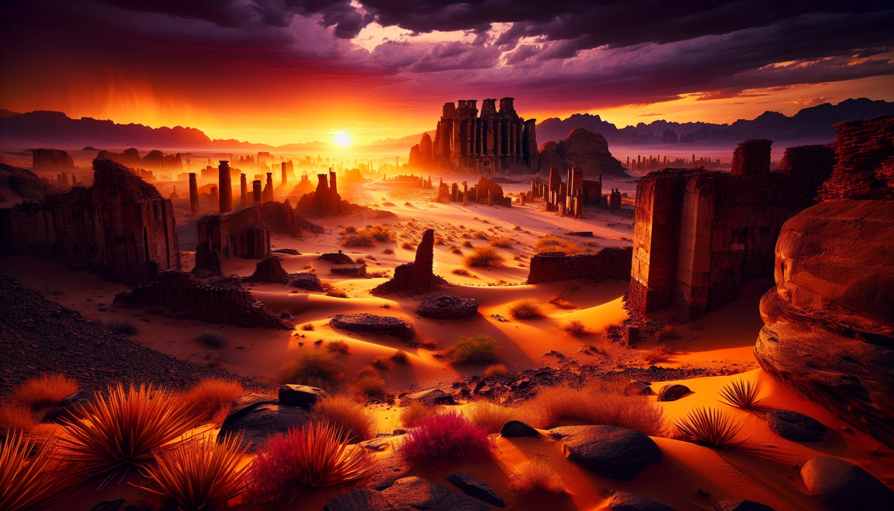 Envision a vast, sun-kissed desert landscape, where ancient ruins rise majestically from the golden sands. Crumbling stone walls are entwined with vibrant desert flora, while the shadows of distant mountains loom. The sky is painted in hues of deep orange and violet as the sun sets, casting a mystical glow on the remnants of a forgotten civilization, whispering tales of timelessness and mystery.