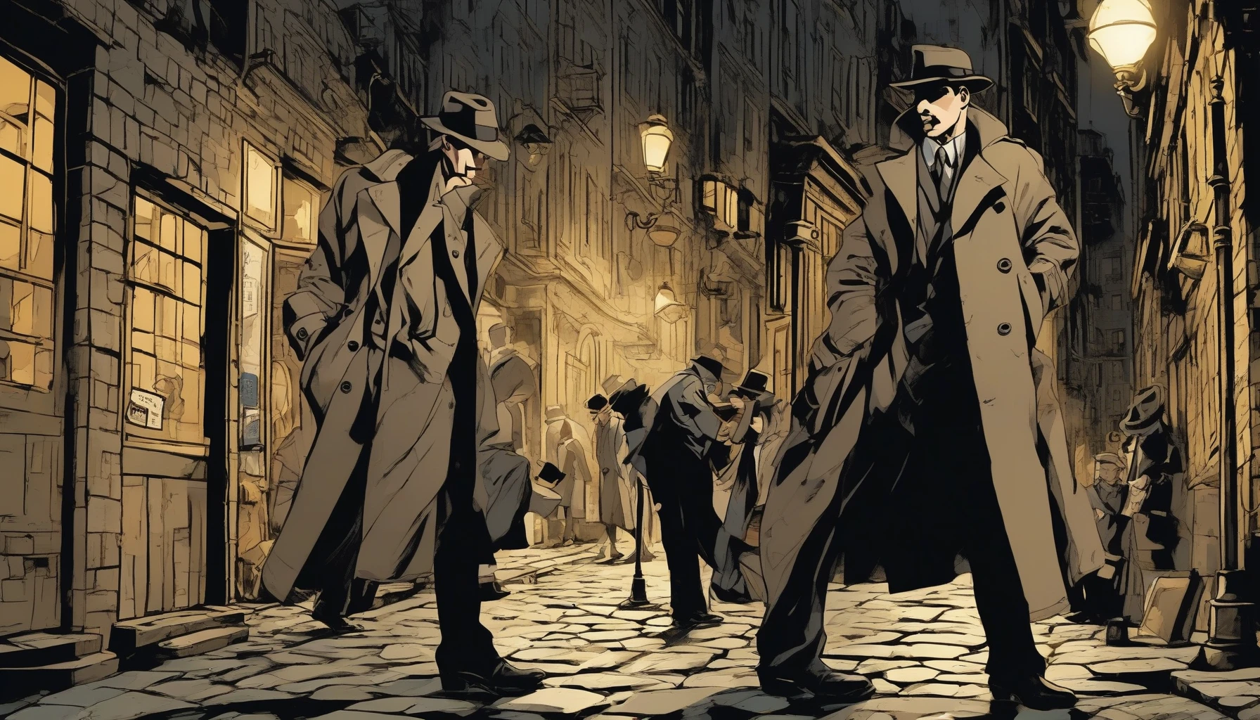 In a dimly lit urban alley, a detective clad in a classic trench coat leans forward, examining a clue with a gleaming magnifying glass. Shadows dance on the cobblestone streets as streetlights flicker above, casting an eerie glow. The detective's fedora tilts slightly, hiding a focused gaze that reveals determination. Surrounding him are hints of a case waiting to be solved, enveloped in intrigue and suspense.