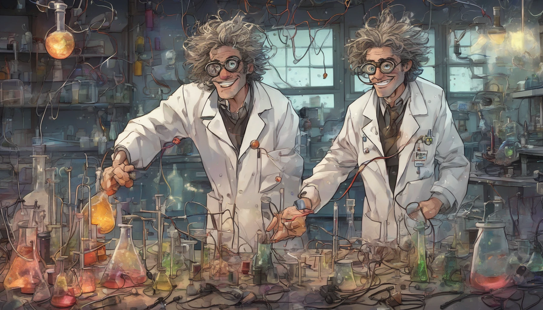 In a cluttered, dimly lit laboratory, a brilliant scientist with wild, unkempt hair and oversized goggles stands at a chaotic workbench strewn with beakers and wires. Sparks flicker from a bubbling concoction as the scientist, dressed in a stained lab coat, grins mischievously, embodying chaotic genius. The air crackles with energy, reflecting the thrilling potential of groundbreaking discoveries amidst the delightful mess.