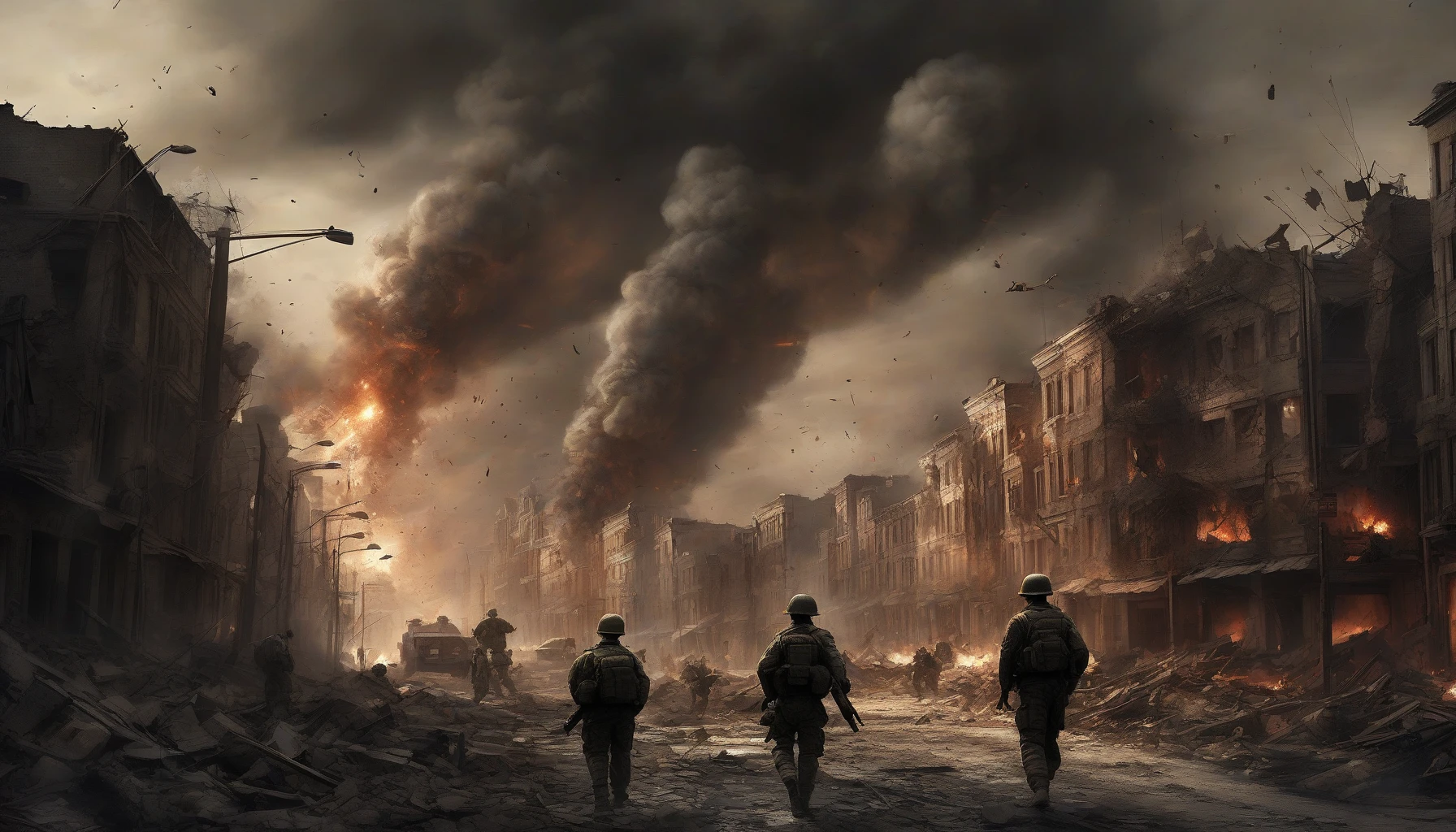 A dramatic scene unfolds in a gritty, war-torn city, where crumbling buildings rise against a dark, smoke-filled sky. Explosions erupt in the distance, casting fiery shadows on shattered streets littered with debris. Soldiers navigate through the chaos, their silhouettes bathed in the flickering light of artillery fire. The air is thick with tension, echoing the resilience and despair of a city caught in a relentless battle for survival.