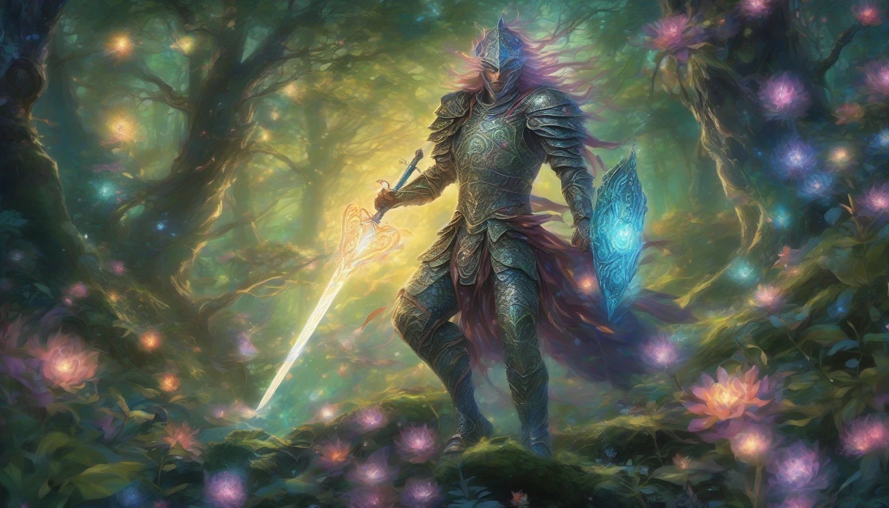 In a mystical forest illuminated by ethereal light, a valiant warrior stands tall, clad in intricately designed armor that catches the shimmering glow of his enchanted sword. His fierce gaze is fixed on an unseen foe, while tendrils of luminous magic swirl around him. The vibrant flora and mystical orbs float softly in the background, enhancing the sword's radiant aura as it pulses with power, ready for battle.