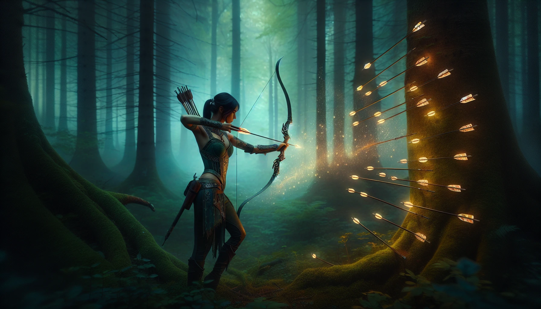 In a mystical forest bathed in twilight, a skilled archer stands poised, drawing back a shimmering bow. Around them, arrows glow with ethereal light, each one etched with ancient runes. As the archer releases, a flurry of radiant projectiles arcs through the air, illuminating the dense foliage with a kaleidoscope of colors. The atmosphere crackles with energy, hinting at a magical battle about to unfold.