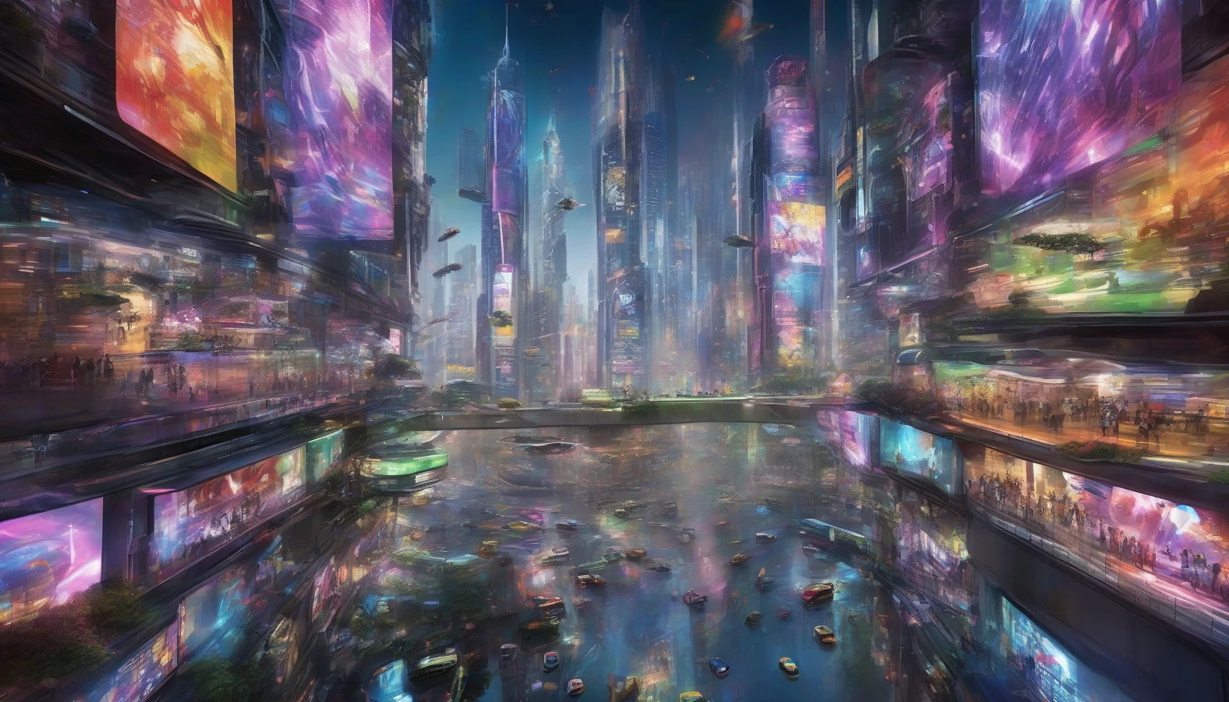 Envision a bustling futuristic cityscape at night, dominated by towering skyscrapers adorned with massive, vibrant holographic advertisements that flicker and pulse with life. The air is thick with energy as people move through the streets below, illuminated by the colorful lights reflecting off glass facades. Hovering vehicles zip by overhead, while digital billboards display mesmerizing visuals, creating a dazzling blend of technology and urban culture that captivates the senses.