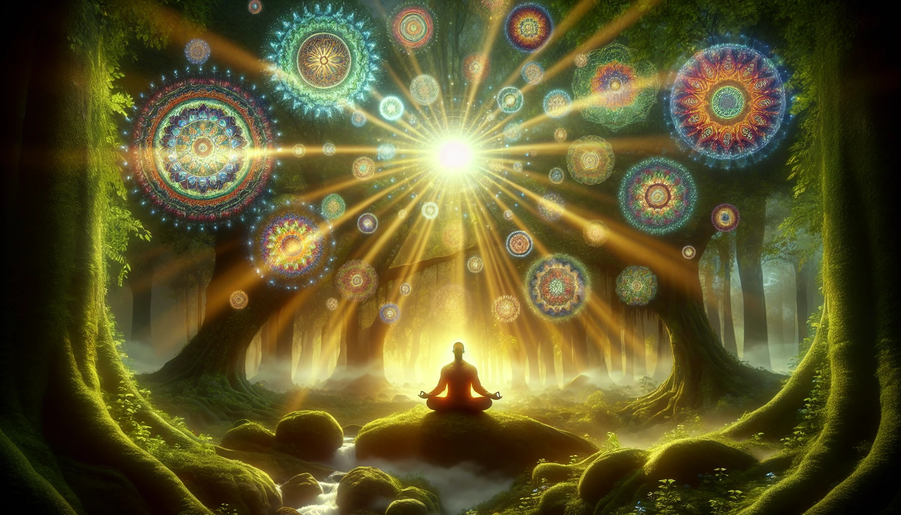 Imagine a tranquil scene that embodies the essence of meditation and spirituality. Visualize a serene landscape at dawn, with soft beams of golden sunlight piercing through a canopy of lush, green trees. At the center, a peaceful figure in lotus position radiates a soft, ethereal glow. Surrounding them, colorful mandalas float gently in the air, symbolizing harmony and connection to the universe, inviting viewers into a deeper state of mindfulness.