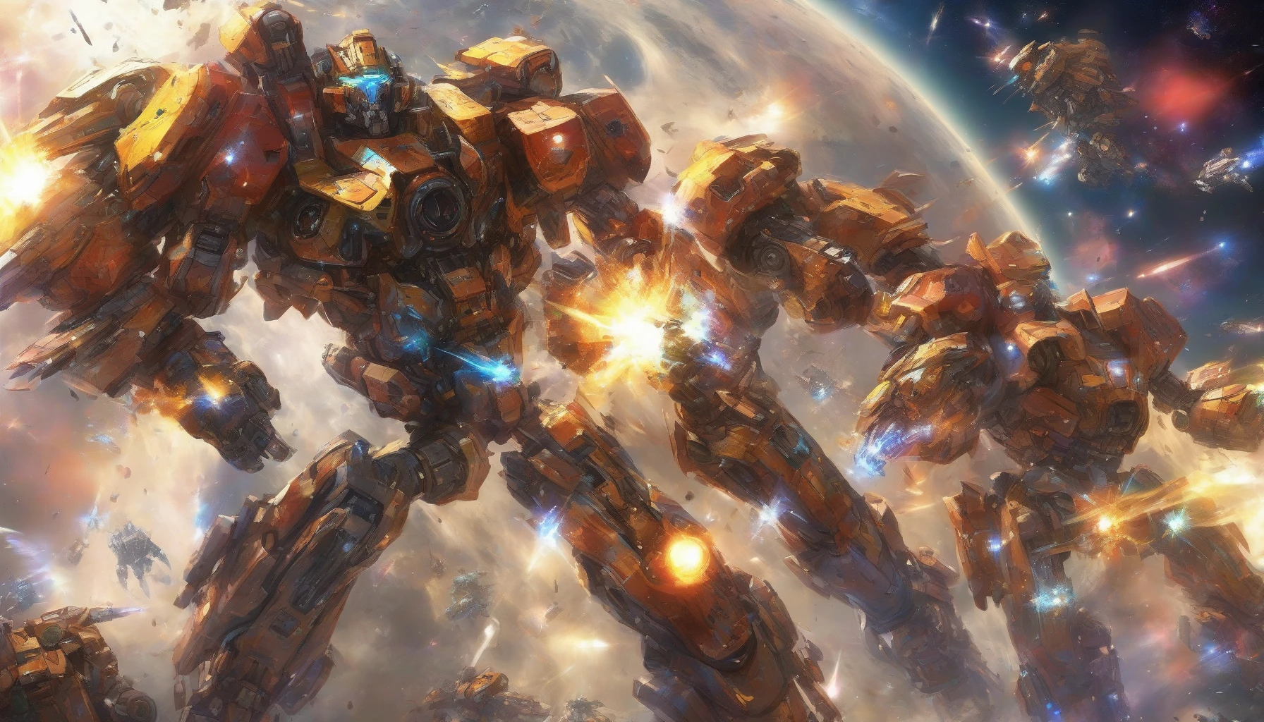 In a vast expanse of twinkling stars, colossal mechs clash in a spectacular battle, their metallic exteriors glinting under distant suns. Pilots, clad in vibrant, high-tech suits, maneuver their robotic giants with precision and speed. Explosions light up the void, sending colorful shockwaves rippling through the cosmos. Energetic beams of light and debris create a breathtaking visual symphony, as the fate of galaxies hangs in the balance.