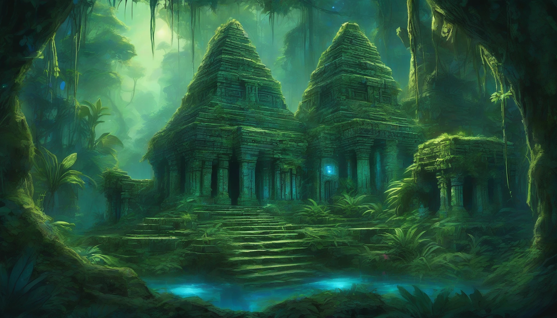 Deep within a forgotten jungle, an ancient alien temple emerges from the foliage, its crumbling stone structure adorned with intricate carvings that glow faintly under the moonlight. Luminous plants encircle the ruins, casting ethereal light in vibrant hues of blues and greens. Manifested shadows dance among colossal roots, hinting at cosmic secrets long buried, inviting explorers to uncover the mysteries of a lost civilization entwined with nature.