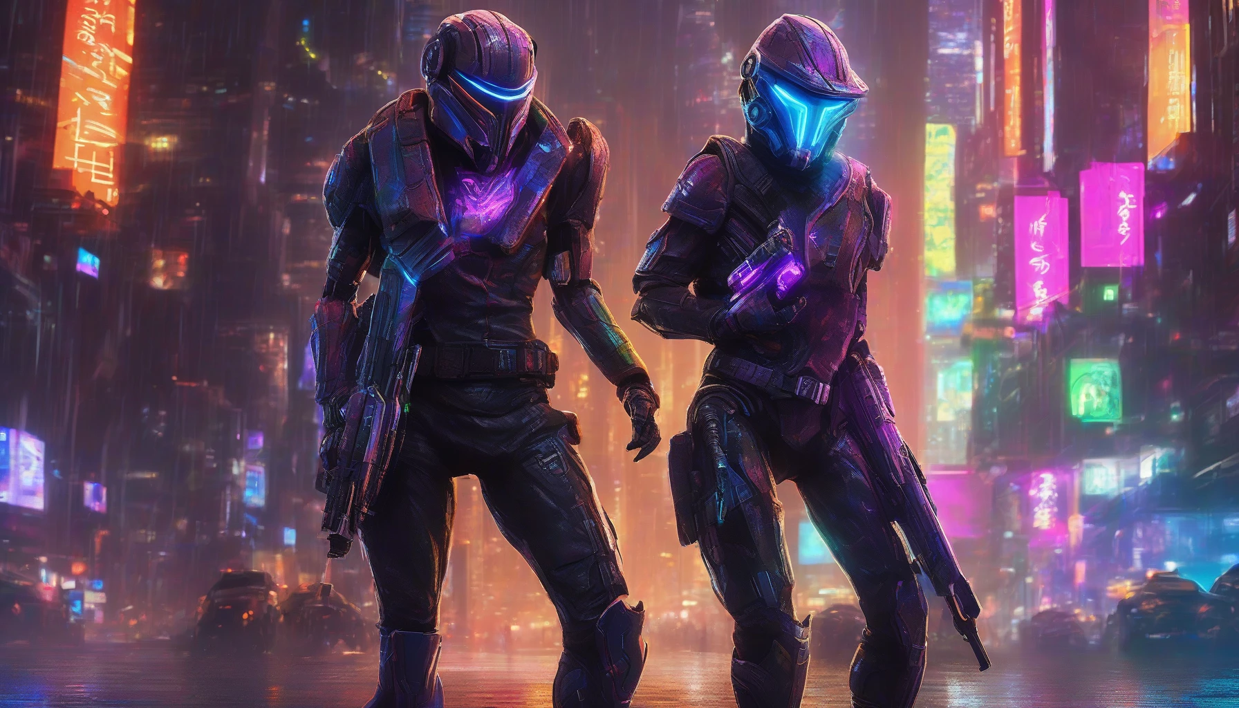 A sleek, armored bounty hunter stands poised in a neon-lit, dystopian cityscape. Clad in high-tech gear, they grip a glowing plasma rifle, its energy crackling ominously. The backdrop is alive with towering skyscrapers and holographic ads illuminating the night. Rain slicks the streets, reflecting vibrant colors as the hunter scans for their target, a fierce determination etched on their face amidst swirling shadows.