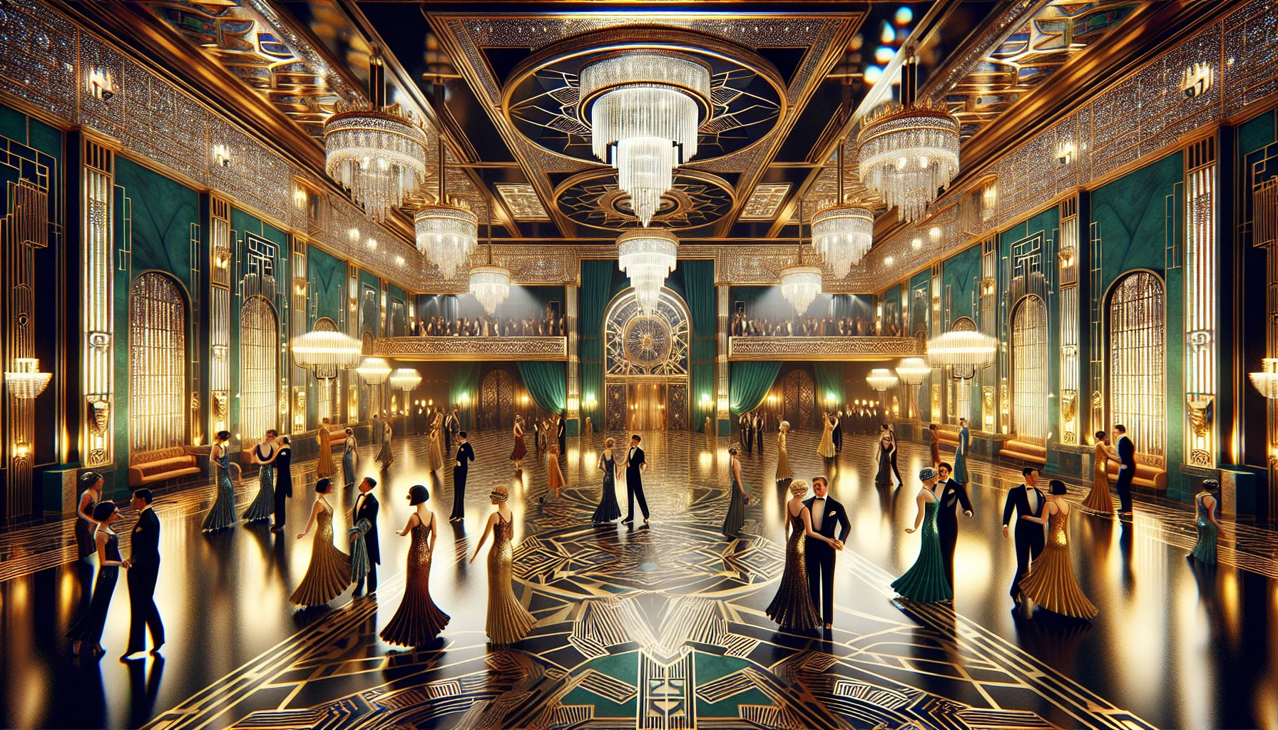 Imagine a lavish ballroom adorned with shimmering gold and chrome accents, where geometric patterns dance across the walls in rich emerald and deep navy. Opulent chandeliers cast a warm glow over polished marble floors, reflecting the sophistication of the era. Flapper dresses sway as elegantly clad couples glide beneath the intricate designs of stained glass windows, blending history with timeless glamour in this enchanting Art Deco setting.