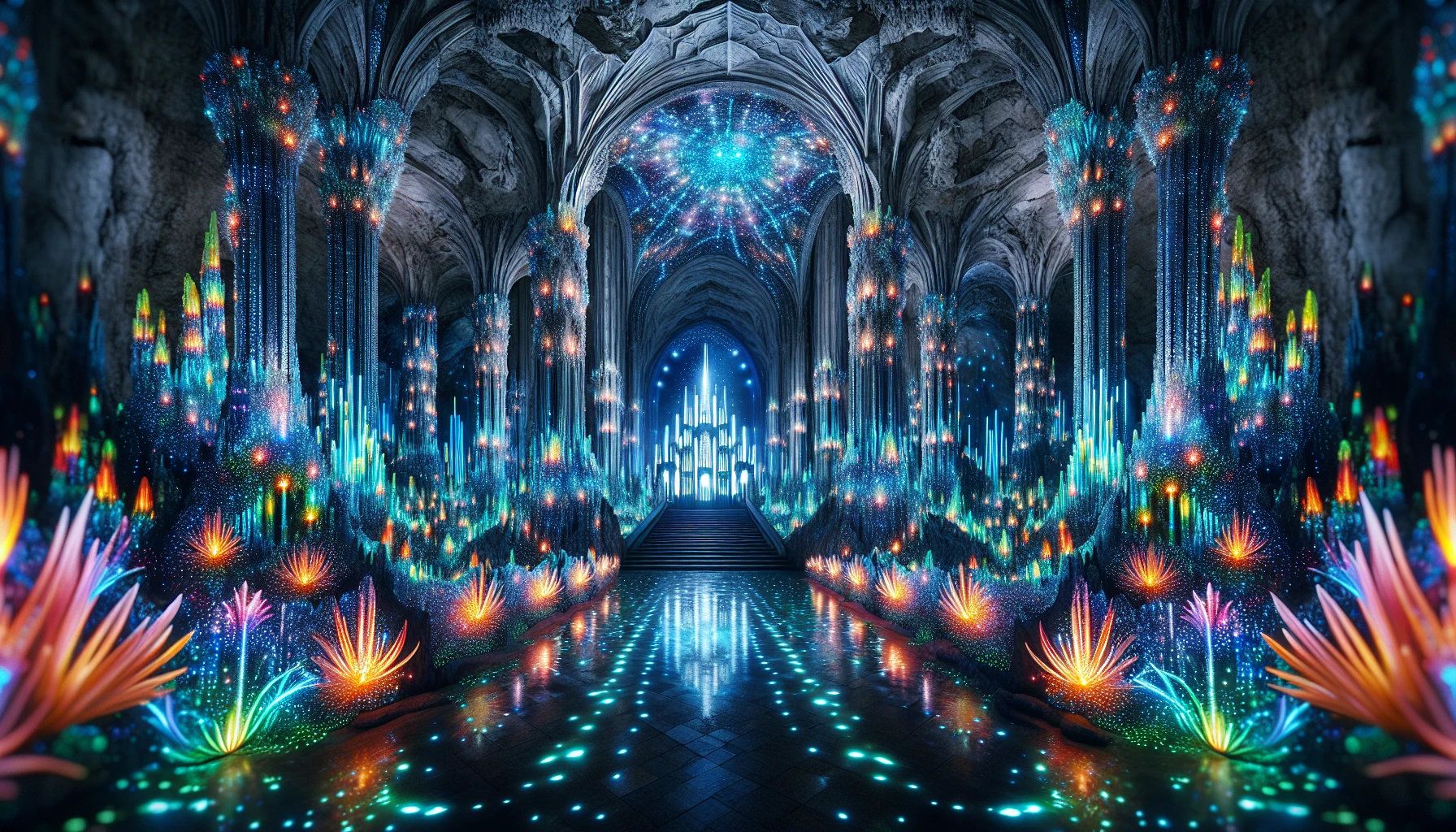 Imagine a grand underground cathedral, illuminated by radiant crystals that shimmer like stars against the dark stone walls. Ethereal beams of light cut through the cavern, casting prismatic patterns across the floor, while lush, bioluminescent plants weave through the architecture. High arches and intricate stained glass, reminiscent of a fantastical world, create a surreal atmosphere where the divine meets the mysterious beauty of nature's hidden realms.