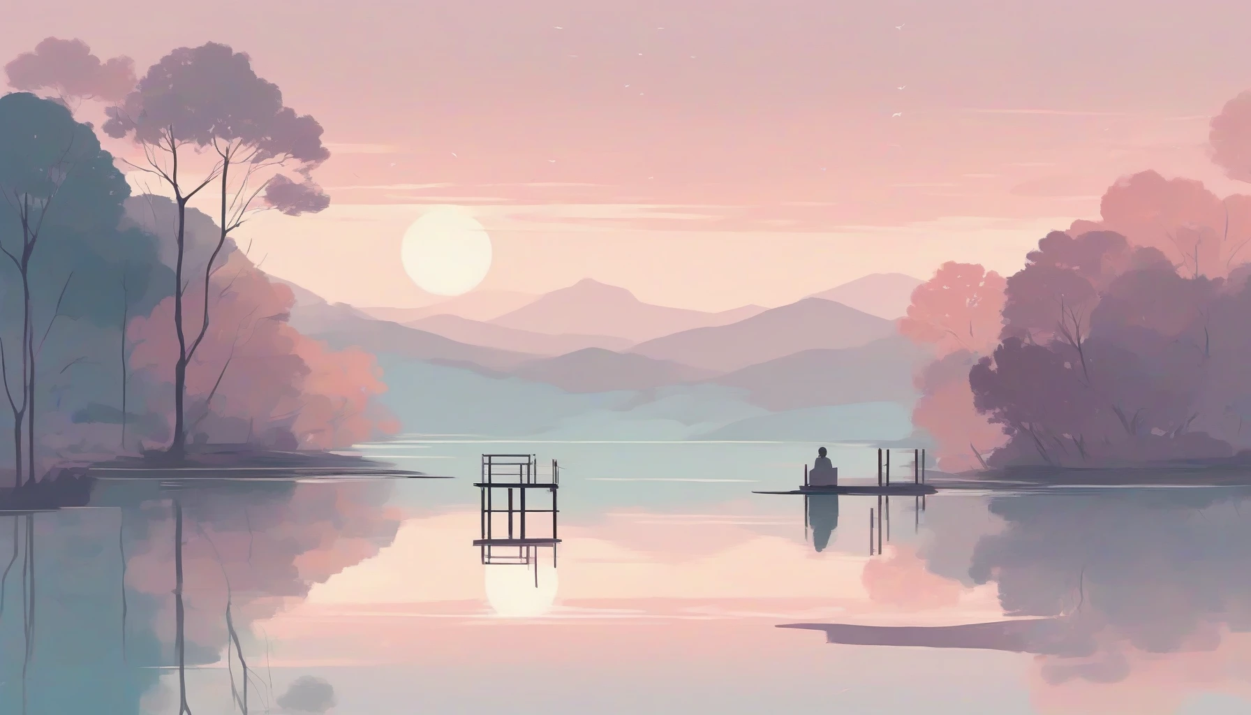 Picture a serene landscape where flat colors dominate the scene, featuring a tranquil lake surrounded by gentle hills. Clean lines outline whimsical trees and a solitary figure sitting on a dock, reflecting the simplicity of life. The sky is a gradient of pastel hues, creating a peaceful ambiance. This artwork captures the essence of minimalist anime, inviting viewers to lose themselves in its calm and curated beauty.