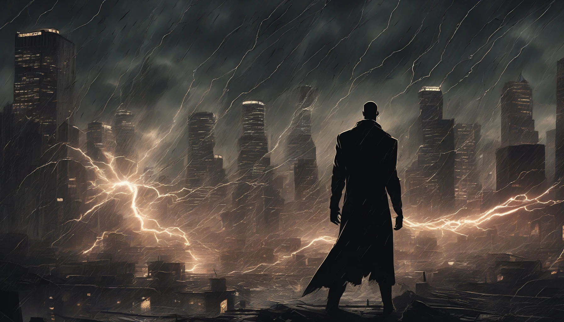 In a cityscape engulfed by darkness, a menacing figure stands at the center, arms outstretched, unleashing a colossal shockwave. The energy ripples outward, distorting buildings and sending debris spiraling into the sky. Lightning crackles around the villain, illuminating their sinister silhouette against the stormy backdrop. Terrified citizens flee in chaos, while the ground trembles beneath the sheer force of this malevolent power, showcasing the true extent of their dark ambition.