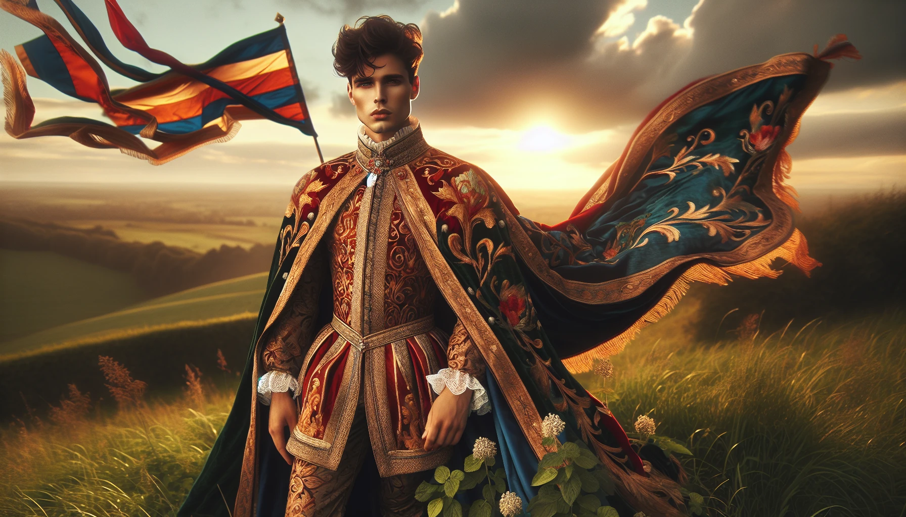 Envision a young prince standing proudly atop a verdant hill, draped in an elaborate royal cape that flutters in the gentle breeze. The fabric, rich and embroidered with golden thread, glimmers under a warm sunset sky. His confident gaze looks towards a distant kingdom, with vibrant banners waving in the wind. Surrounding him are wisps of flowers and lush greenery, adding to the enchanting, fairytale-like atmosphere.