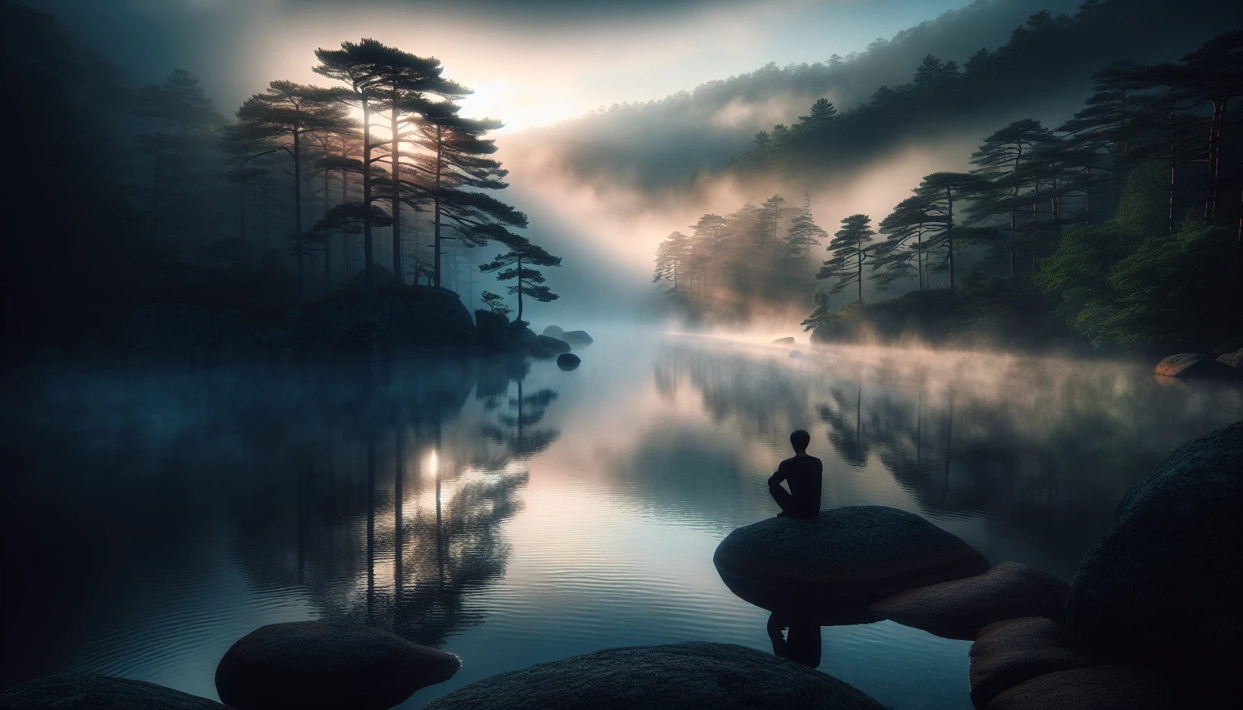 A tranquil lake lies at the heart of a dense, misty forest, reflecting the soft hues of dawn. Wisps of fog dance above the water's surface, merging with the trees that stand like sentinels around it. A lone figure sits on a weathered rock, lost in thought, their silhouette contrasted against the shimmering reflections. The air is still, thick with the scent of pine, inviting deep contemplation and solitude.