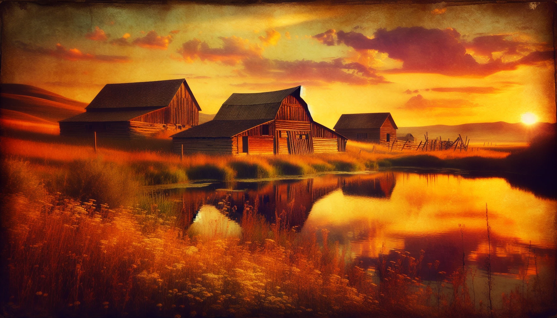 Imagine a serene landscape captured through a warm, vintage filter, where soft golden hues wash over a quaint countryside scene. Rustic barns dot the horizon, their weathered wood speaking of history. A vibrant sunset spills colors across the sky, reflecting on a tranquil lake. Delicate wildflowers sway in the gentle breeze, inviting viewers to step back in time and savor the beauty of nostalgia.