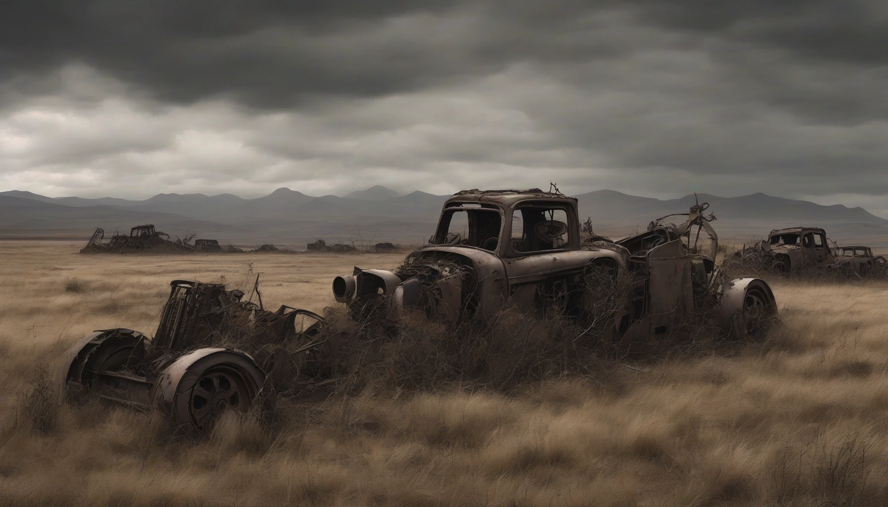 In a hauntingly desolate landscape, a field sprawls beneath a brooding sky, littered with crumbling machinery. Weathered metal carcasses of forgotten vehicles stand like ghostly sentinels, their silhouettes stark against the muted earth tones. Overgrown weeds cascade through jagged openings, reclaiming the remnants of human achievement. Distant mountains loom, shrouded in mist, while the air hangs heavy with a sense of lost potential and silent stories waiting to be told.