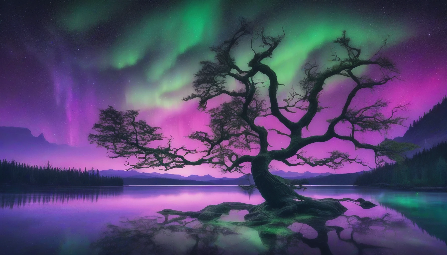 In a mystical landscape, vibrant auroras dance across the night sky, their colors intertwining to create stunning geometric patterns. Shades of green, pink, and violet swirl together, reflecting on a tranquil lake below. Silhouettes of ancient trees frame the scene, their dark forms contrasting with the luminous display overhead. Each shape and color pulsates with energy, inviting viewers to contemplate the harmonious connection between nature and art in this celestial spectacle.